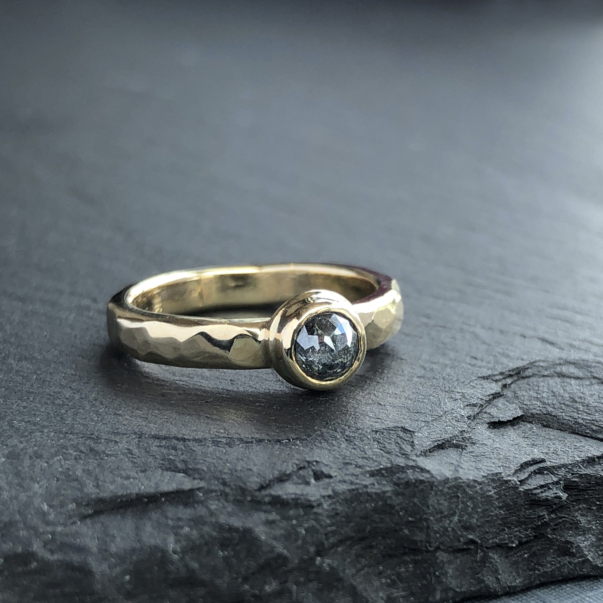 yellow gold rose cut salt and pepper diamond carved ring custom ring grey diamond