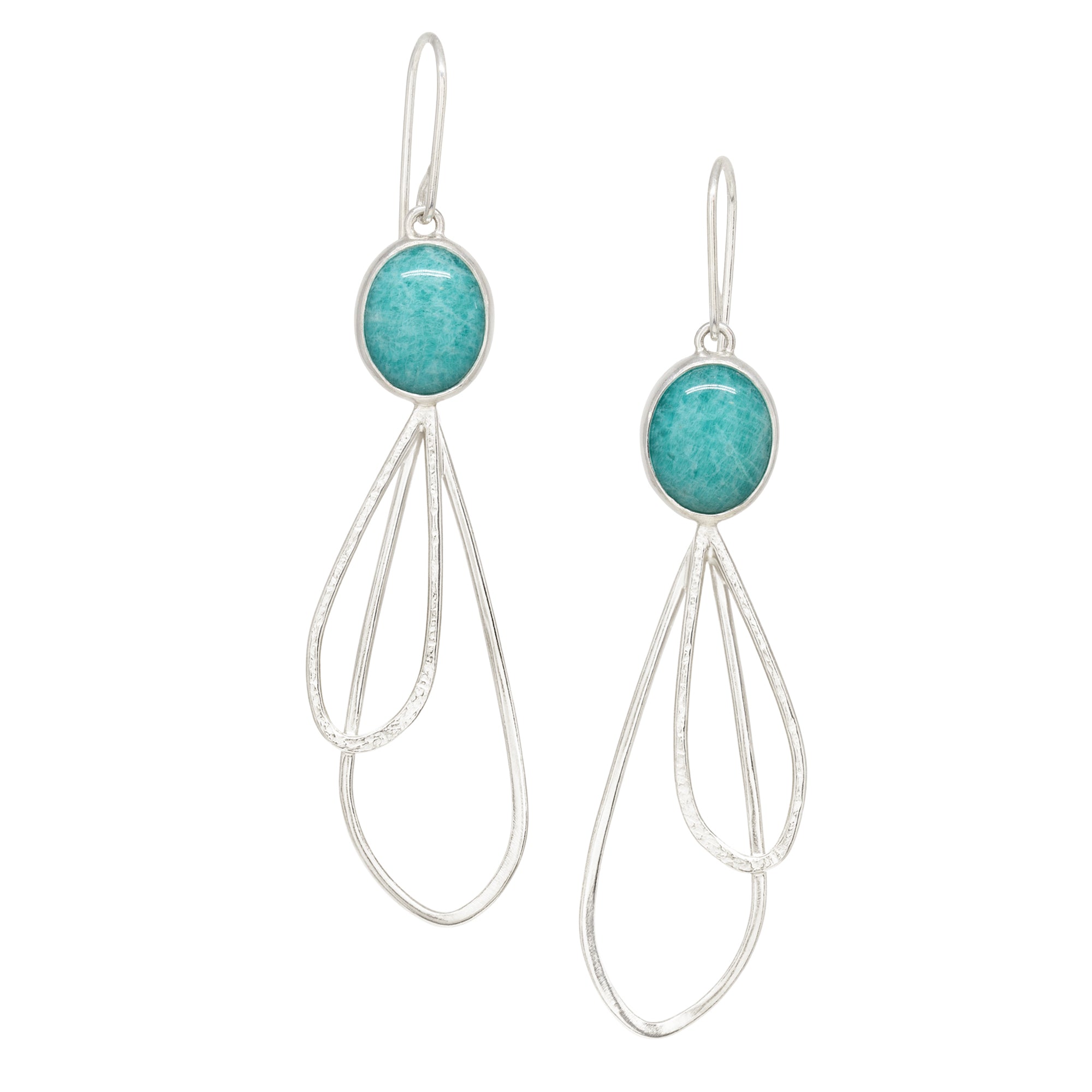 Double Petal Earrings - Amazonite Cabochon - Bright Sterling