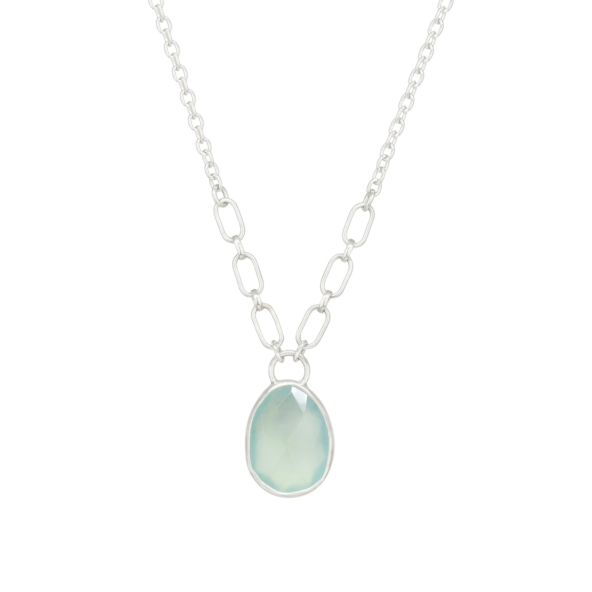 Balance Gem Necklace with Links - Rose Cut Aqua Chalcedony - Bright Sterling