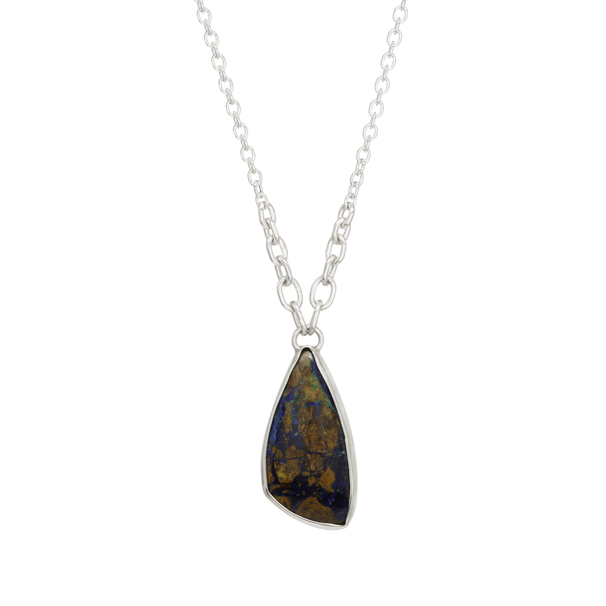 Balance Gem Necklace with Links - Azurite Cuprite - Bright Sterling