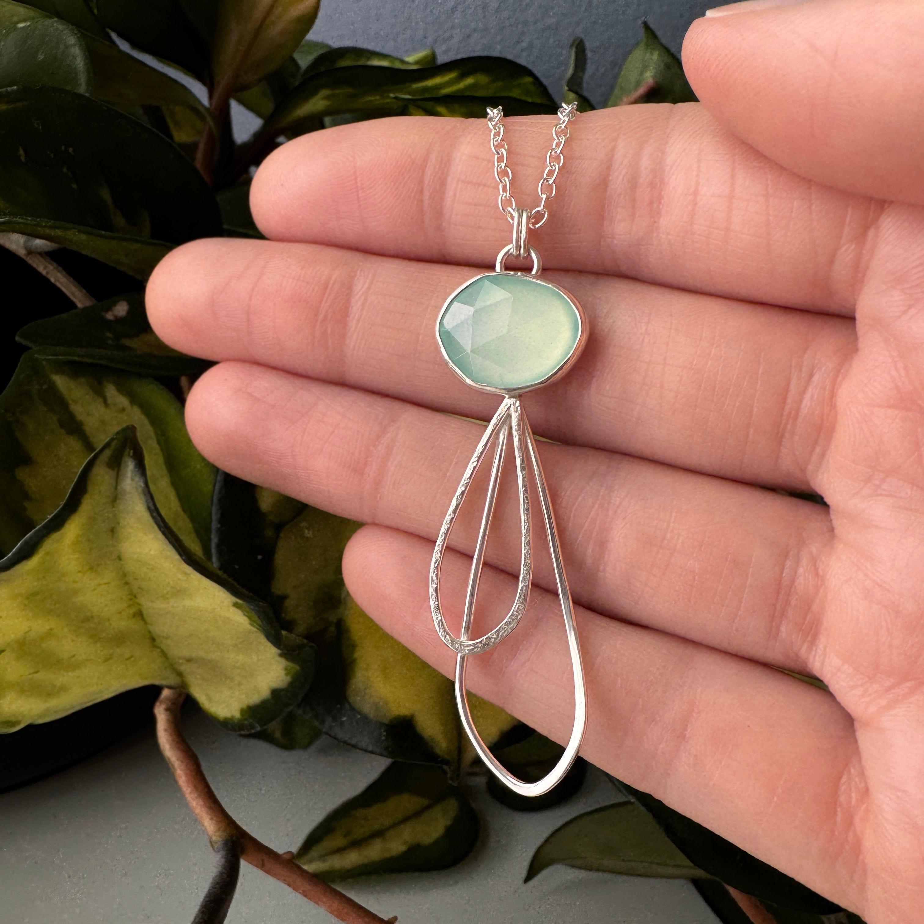 Double Petal Pendant Necklace - Chalcedony - Bright Sterling