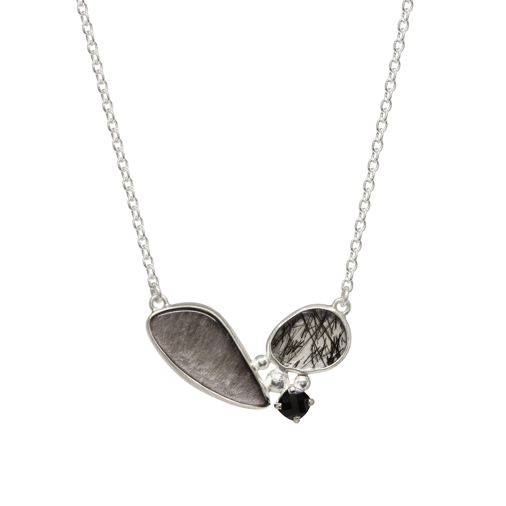 Balance Gem Trio Necklace - Black Spinel, Silversheen Obsidian & Tourmilinated Quartz - Bright Sterling