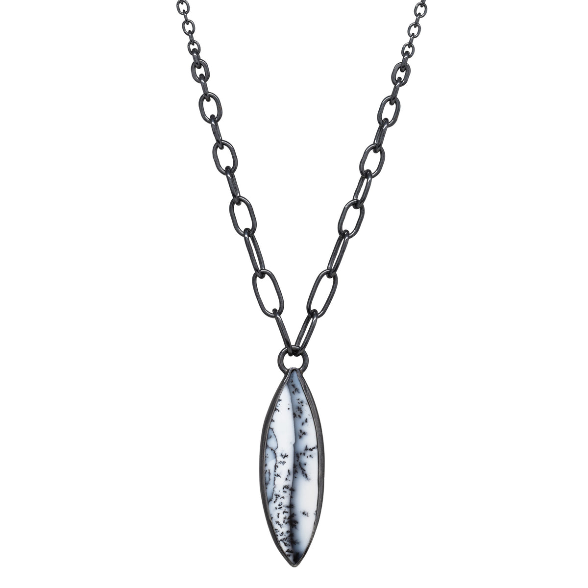 Balance Gem Necklace with Links - Marquise Dendritic Agate - Dark Sterling
