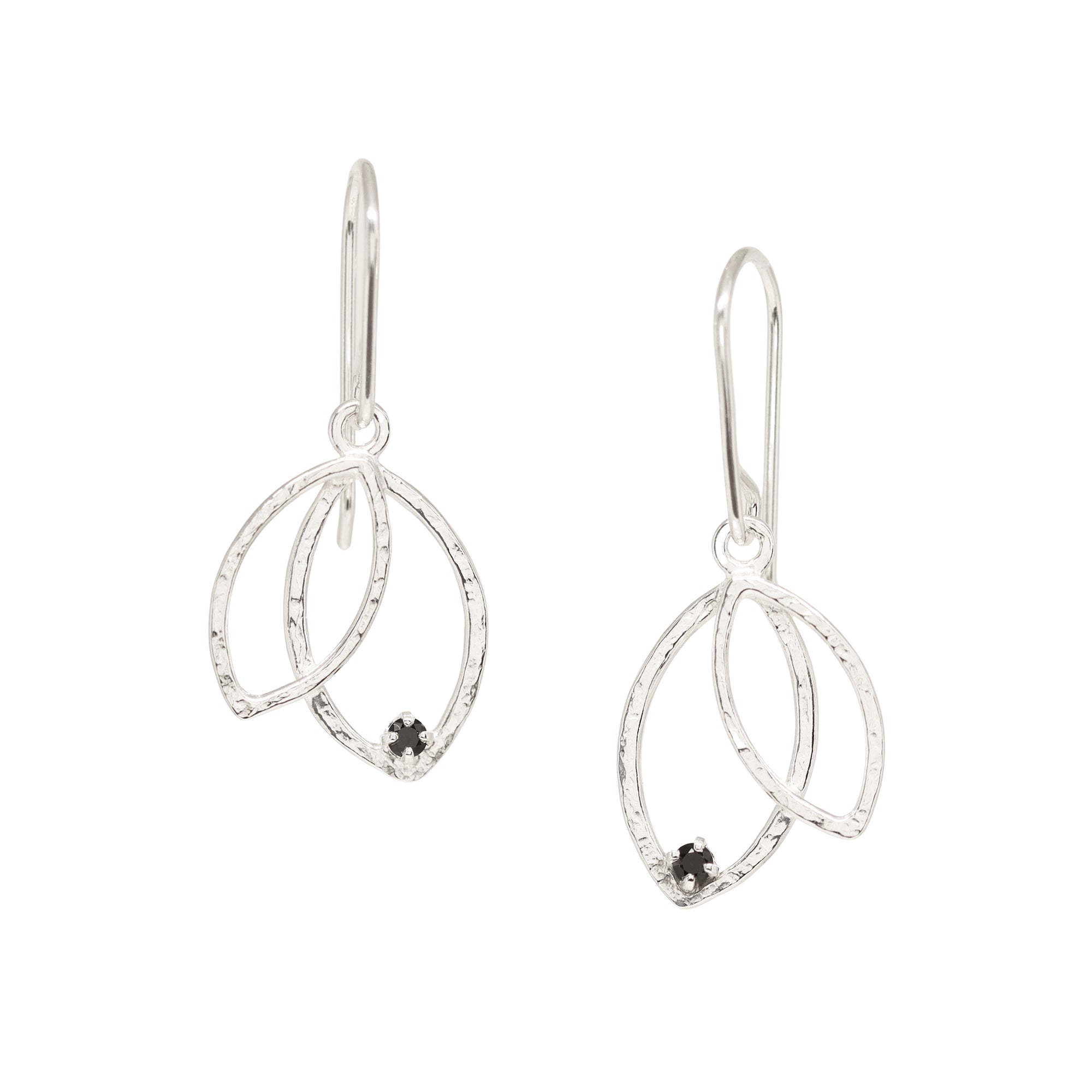 Double Leaf Gem Earrings - Black Spinel - Bright Sterling