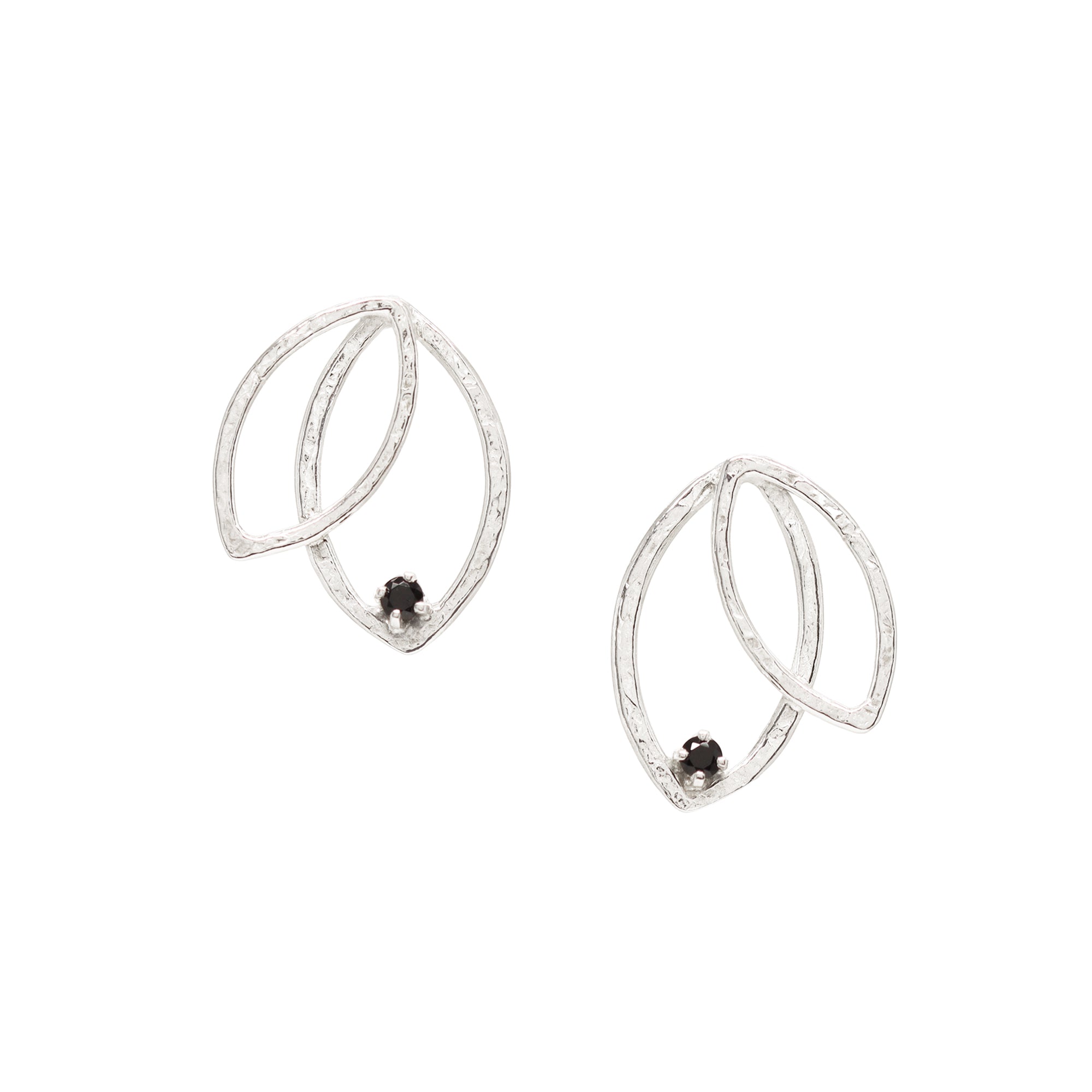 Double Leaf Gem Studs - Black Spinel - Bright Sterling