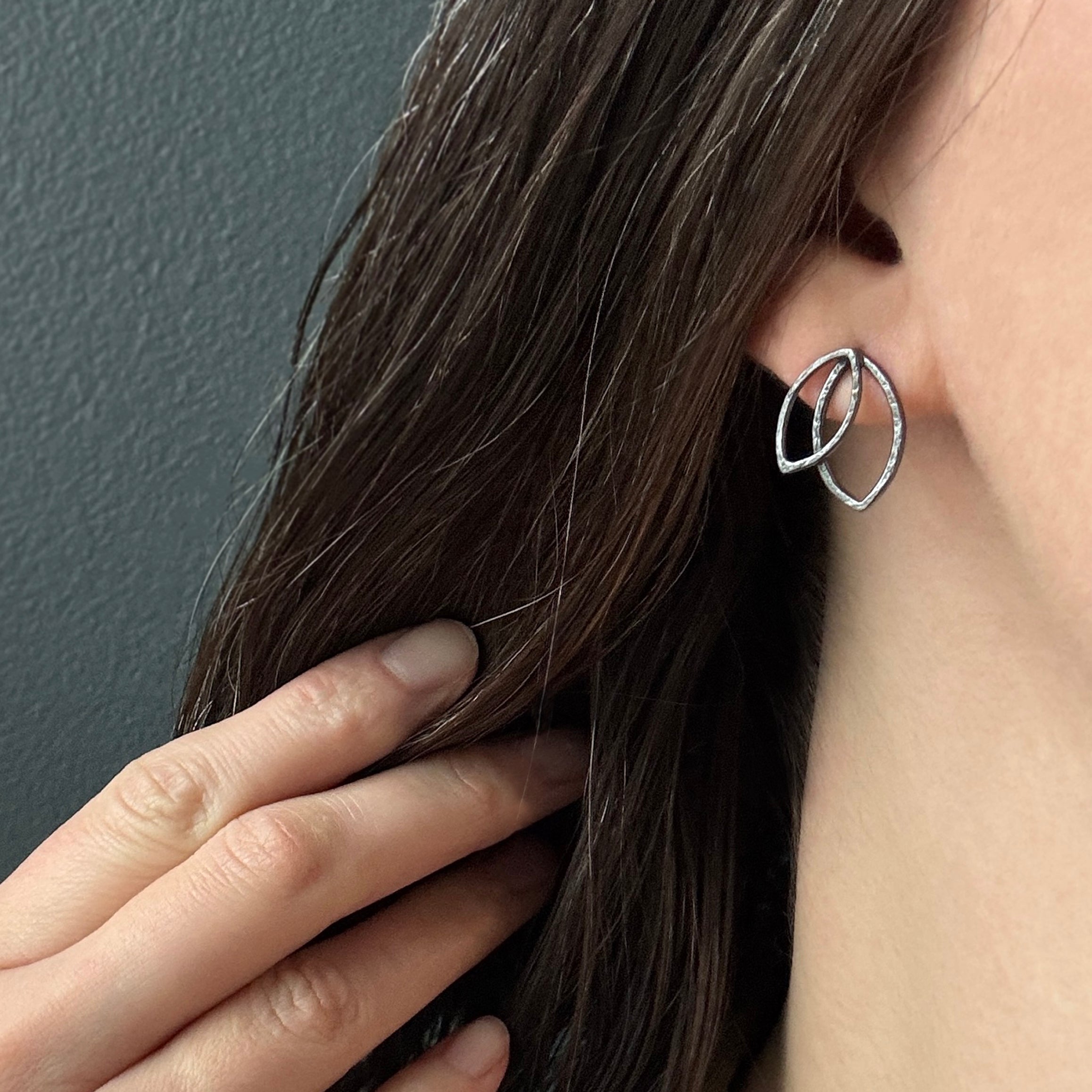 Double Leaf Gem Studs - Cubic Zirconia - Dark Sterling