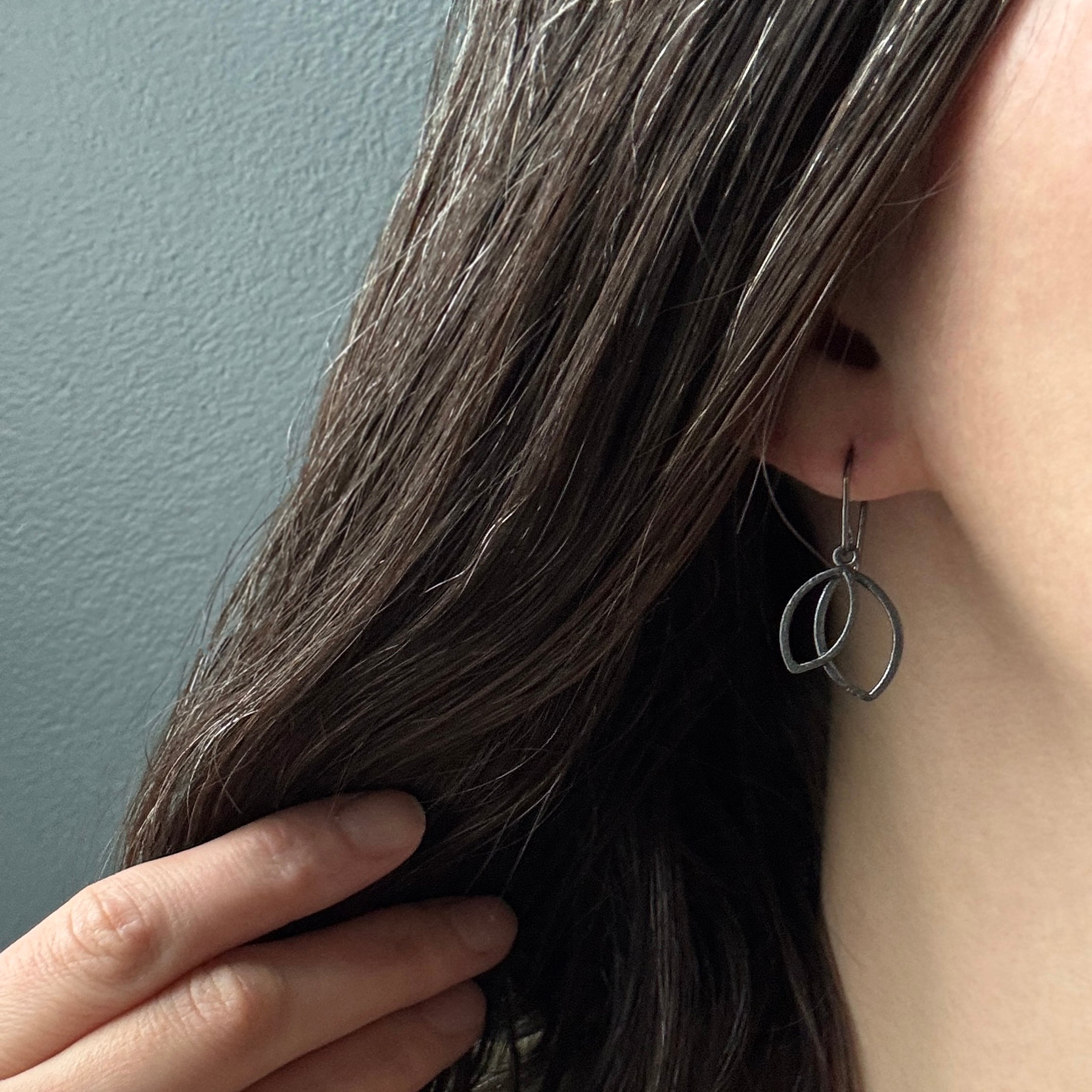 Double Leaf Gem Earrings - Cubic Zirconia - Dark Sterling