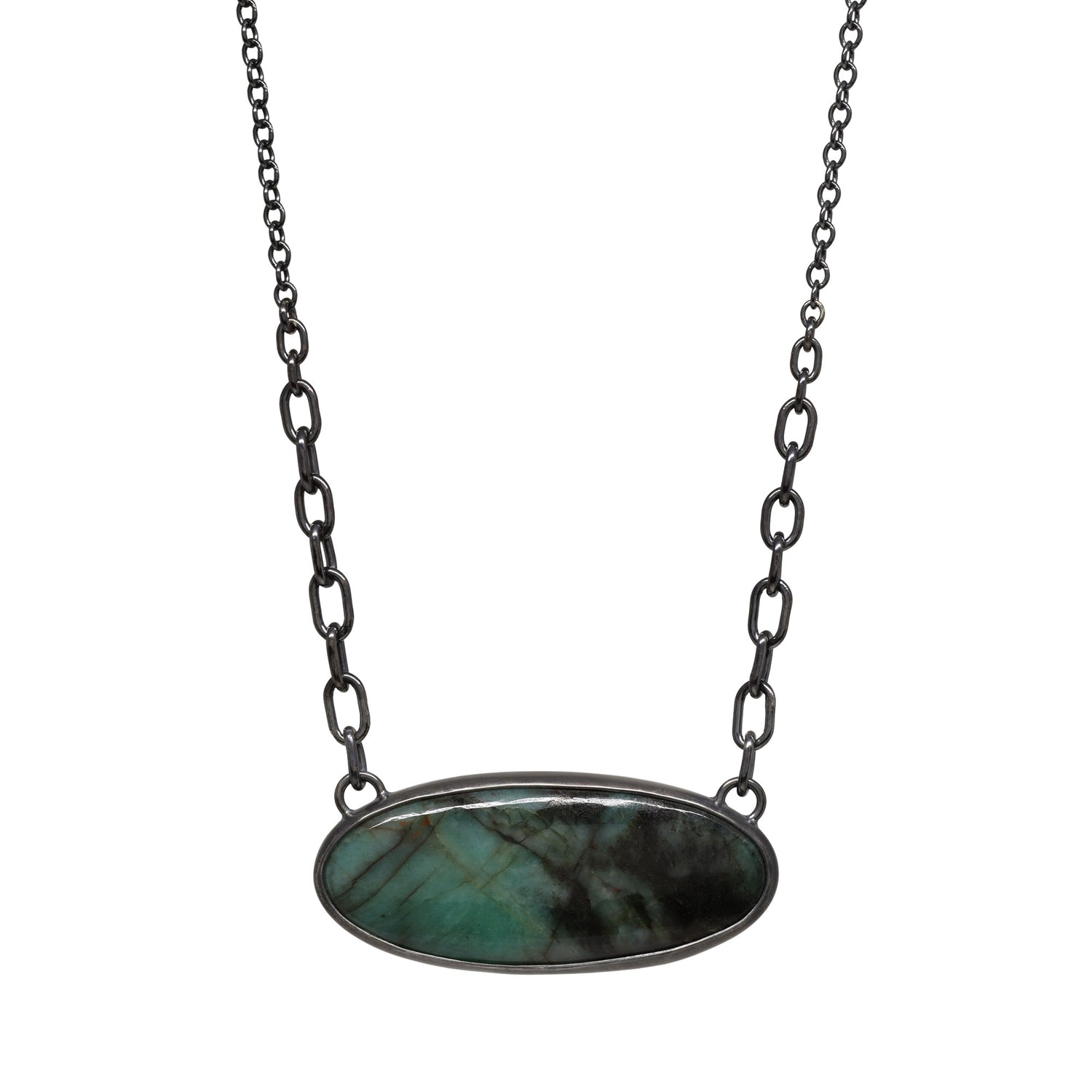 Balance Gem Necklace with Links - Emerald Ellipse Cabochon - Dark Sterling