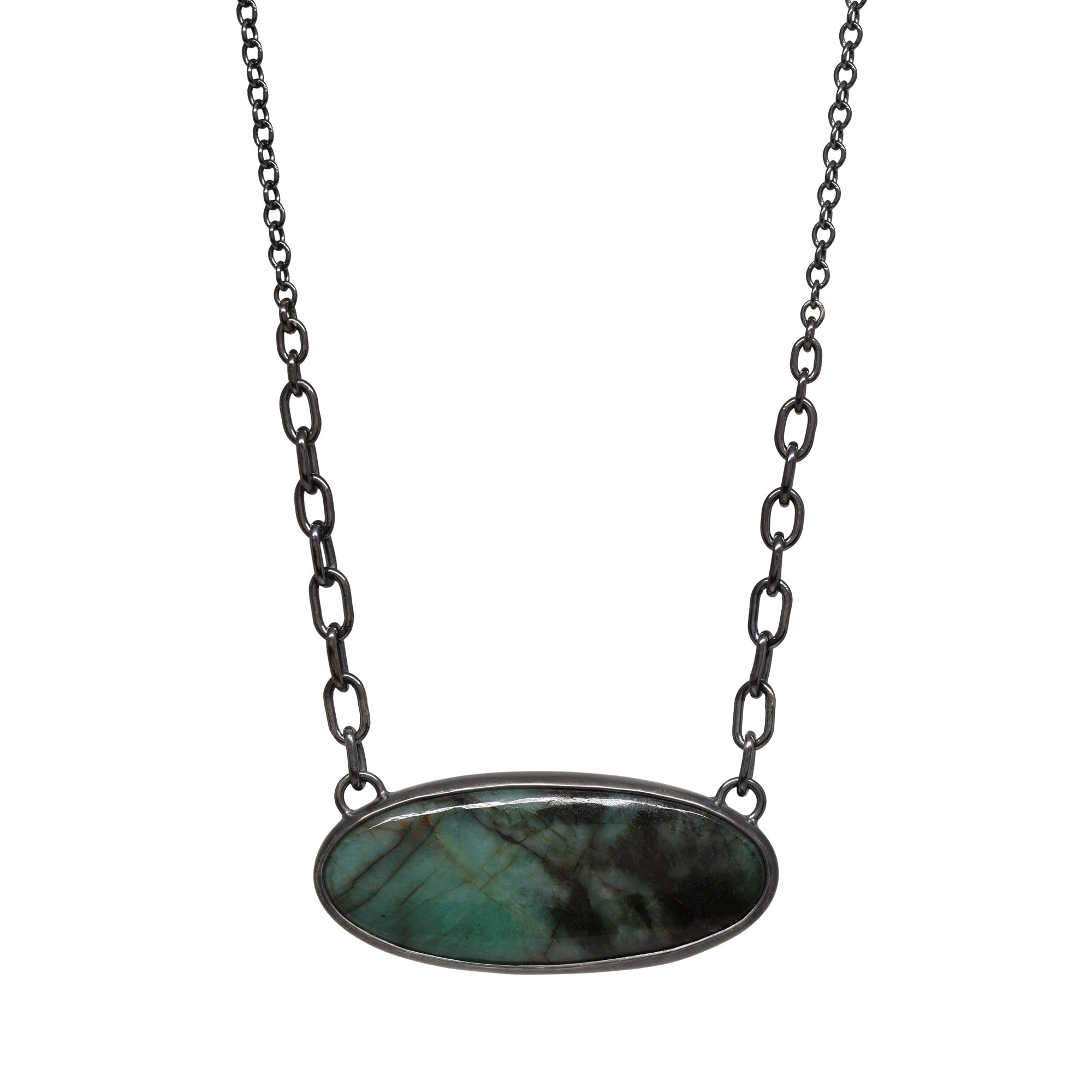 Balance Gem Necklace with Links - Emerald Ellipse Cabochon - Dark Sterling