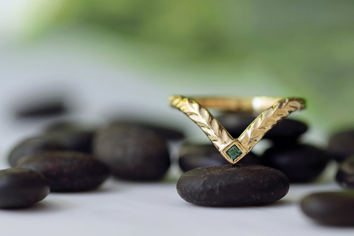 Custom 14k yellow gold fern wedding ring australian green sapphire leaf ring