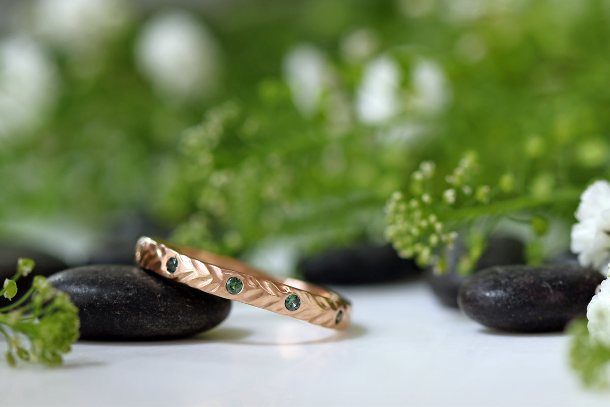 Rose Gold Fern Ring Flush Set Australian Green Sapphires Nature Leaf Ring