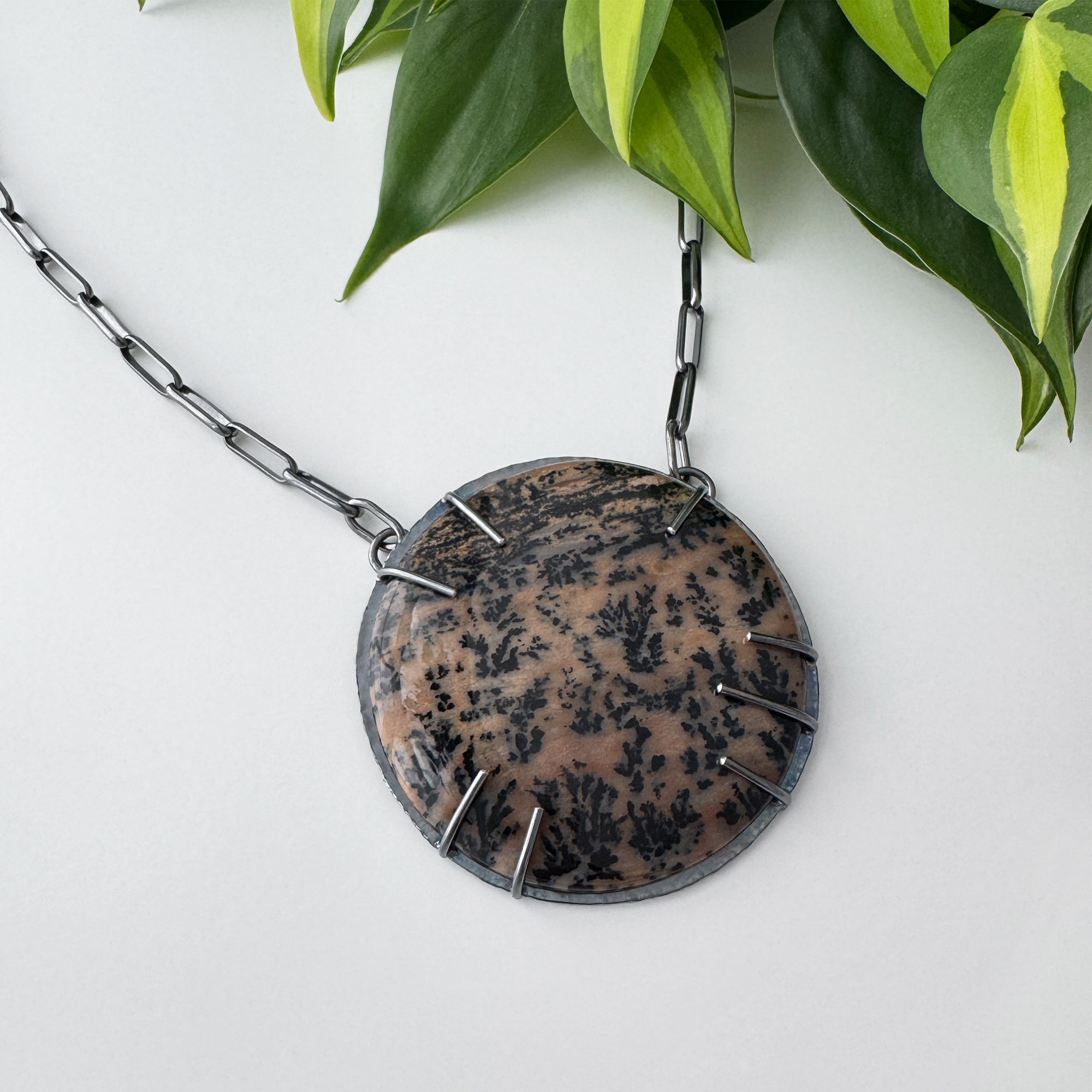 One of a Kind Balance Statement Necklace - Honey Dendritic Agate - Dark Sterling