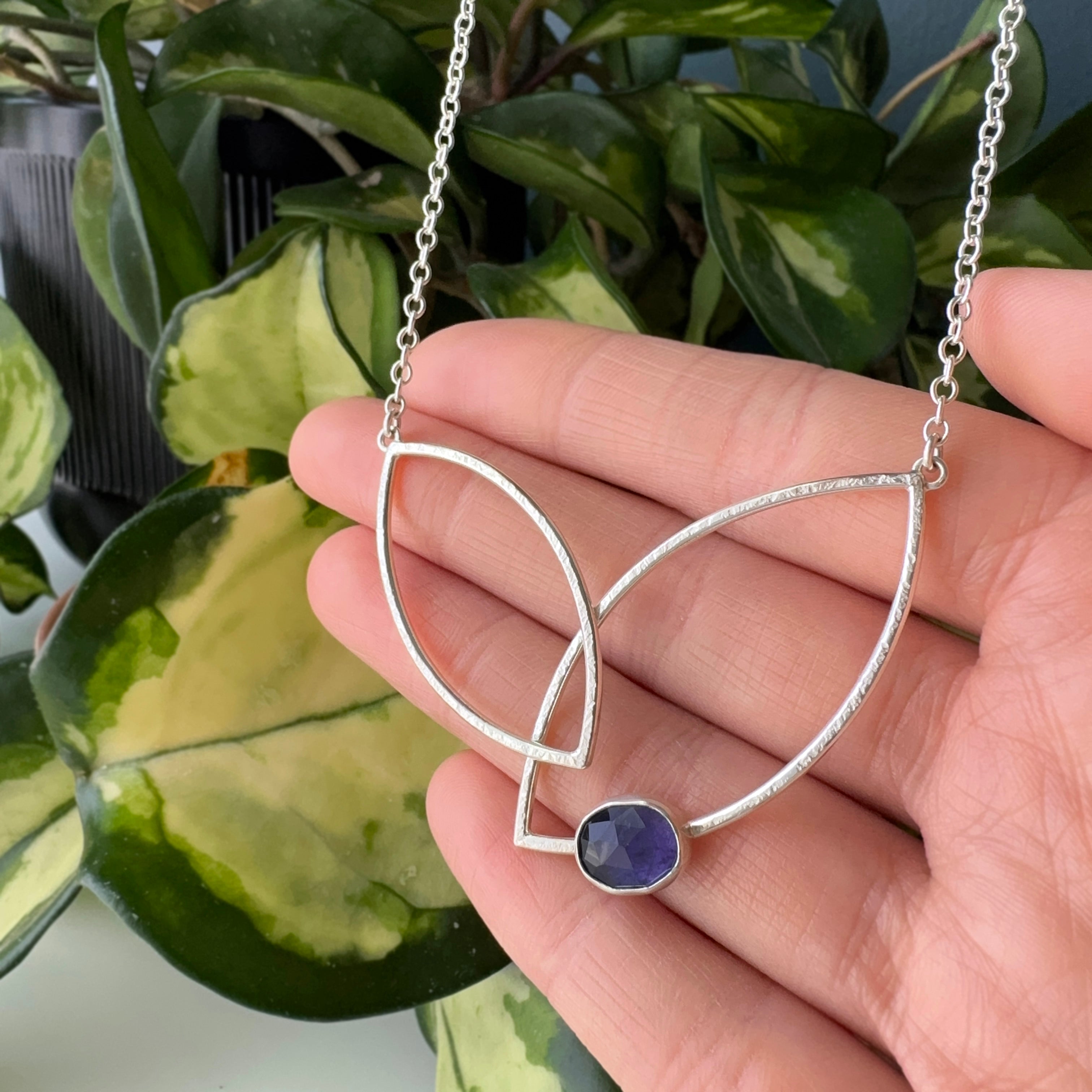 Double Leaf Gem Statement Necklace - Bright Sterling & Iolite