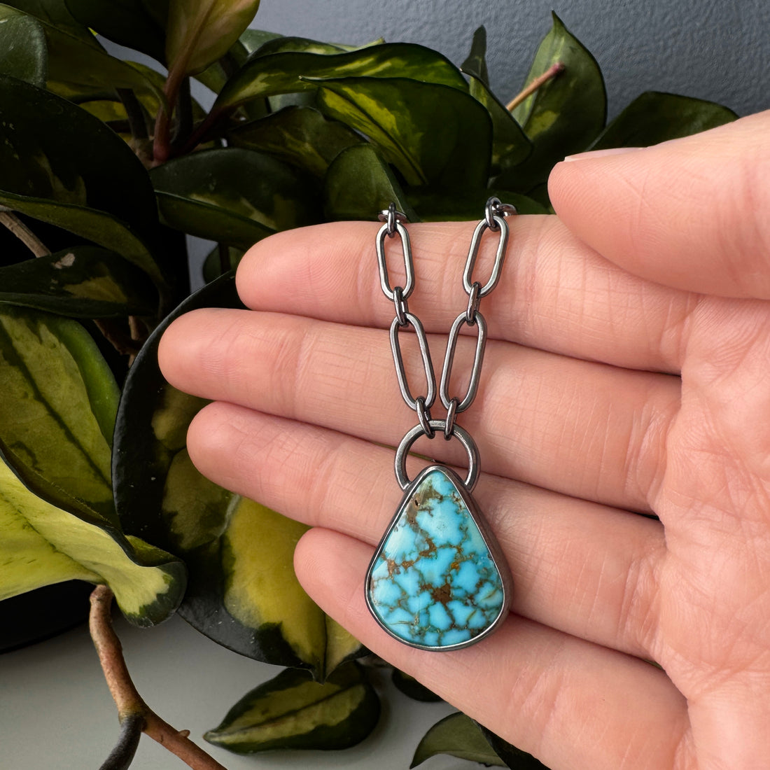 Balance Statement Link Necklace - Teardrop Kingman Turquoise - Dark Sterling