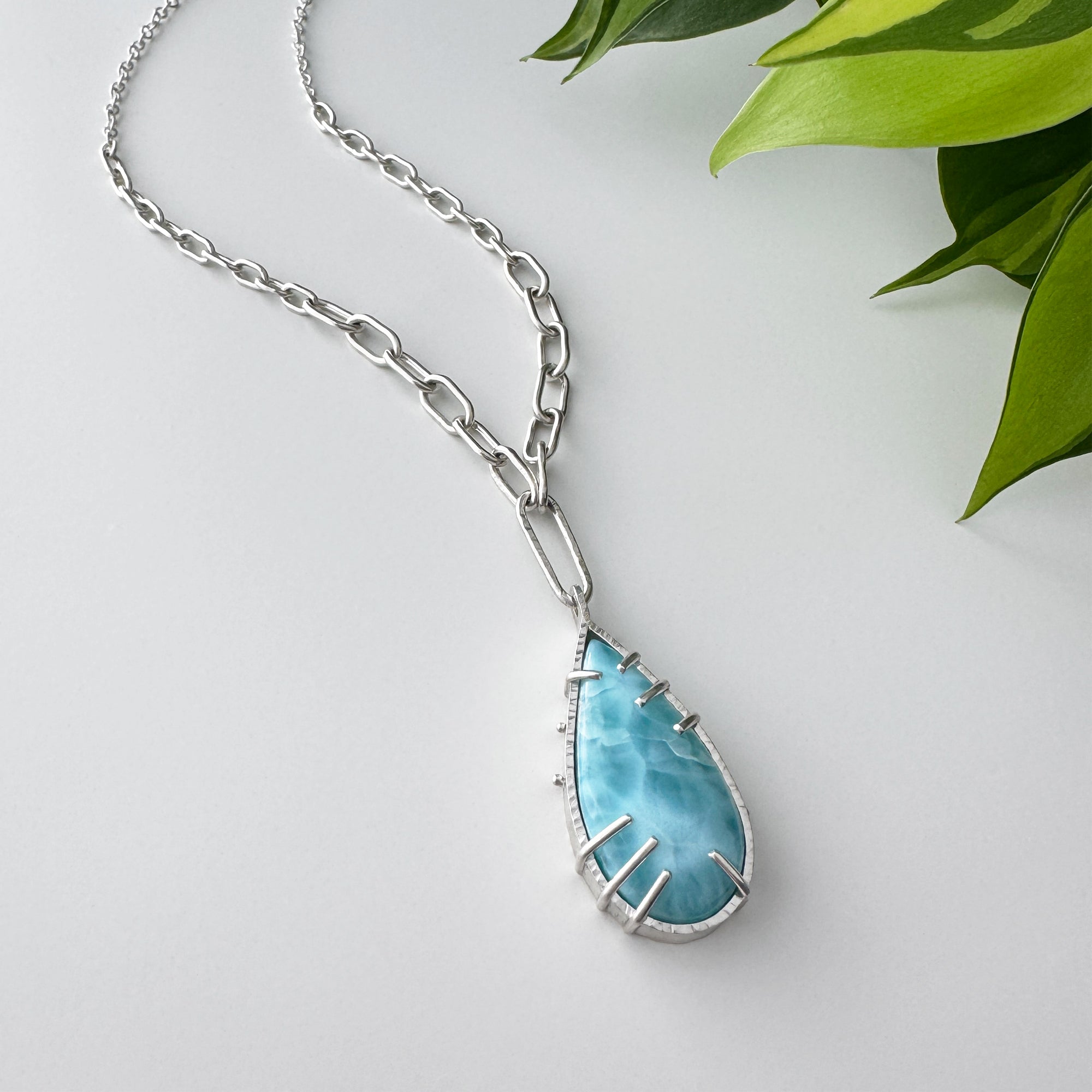 Balance Gem Statement Necklace with Links - Larimar Cabochon - Bright Sterling