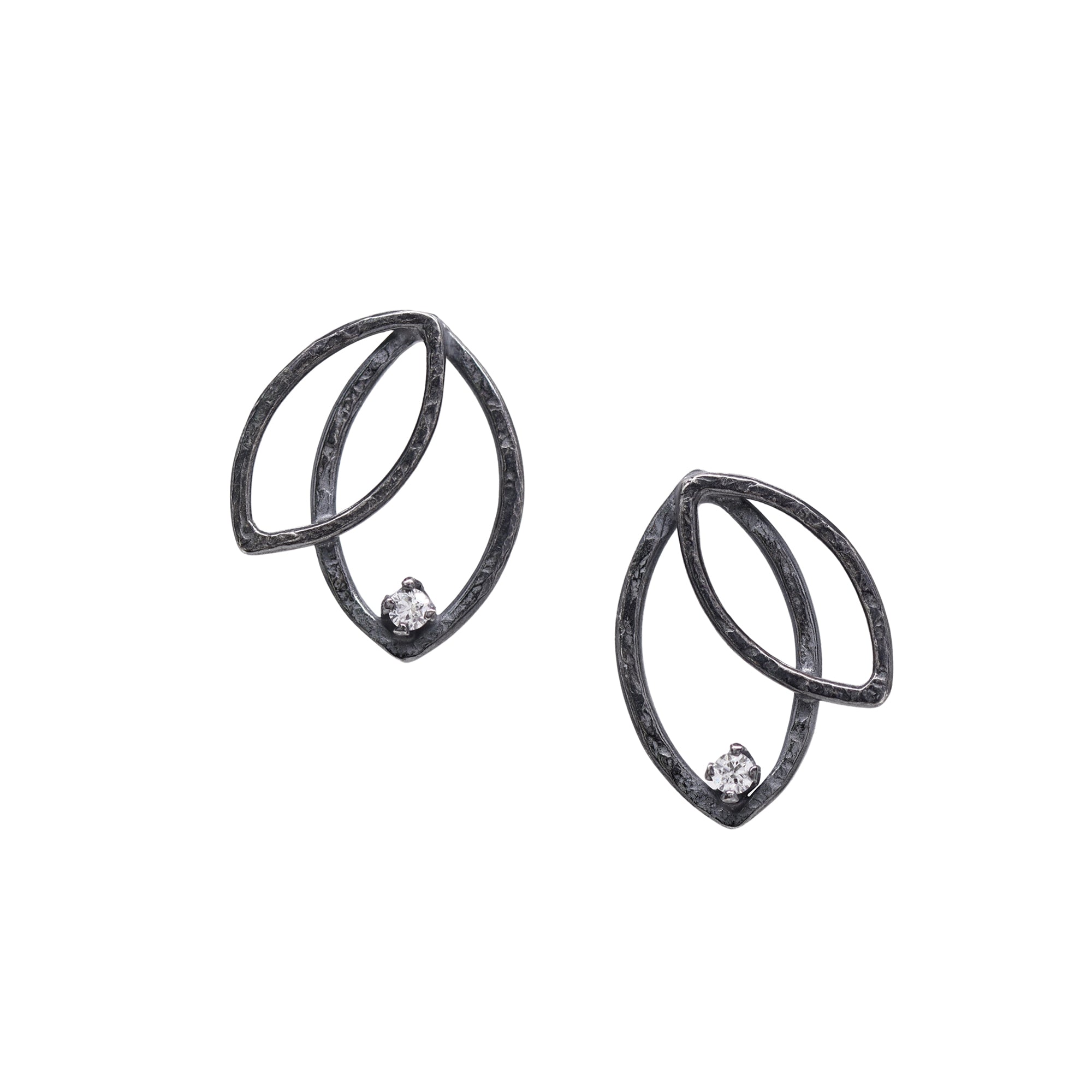 Double Leaf Gem Studs - Cubic Zirconia - Dark Sterling