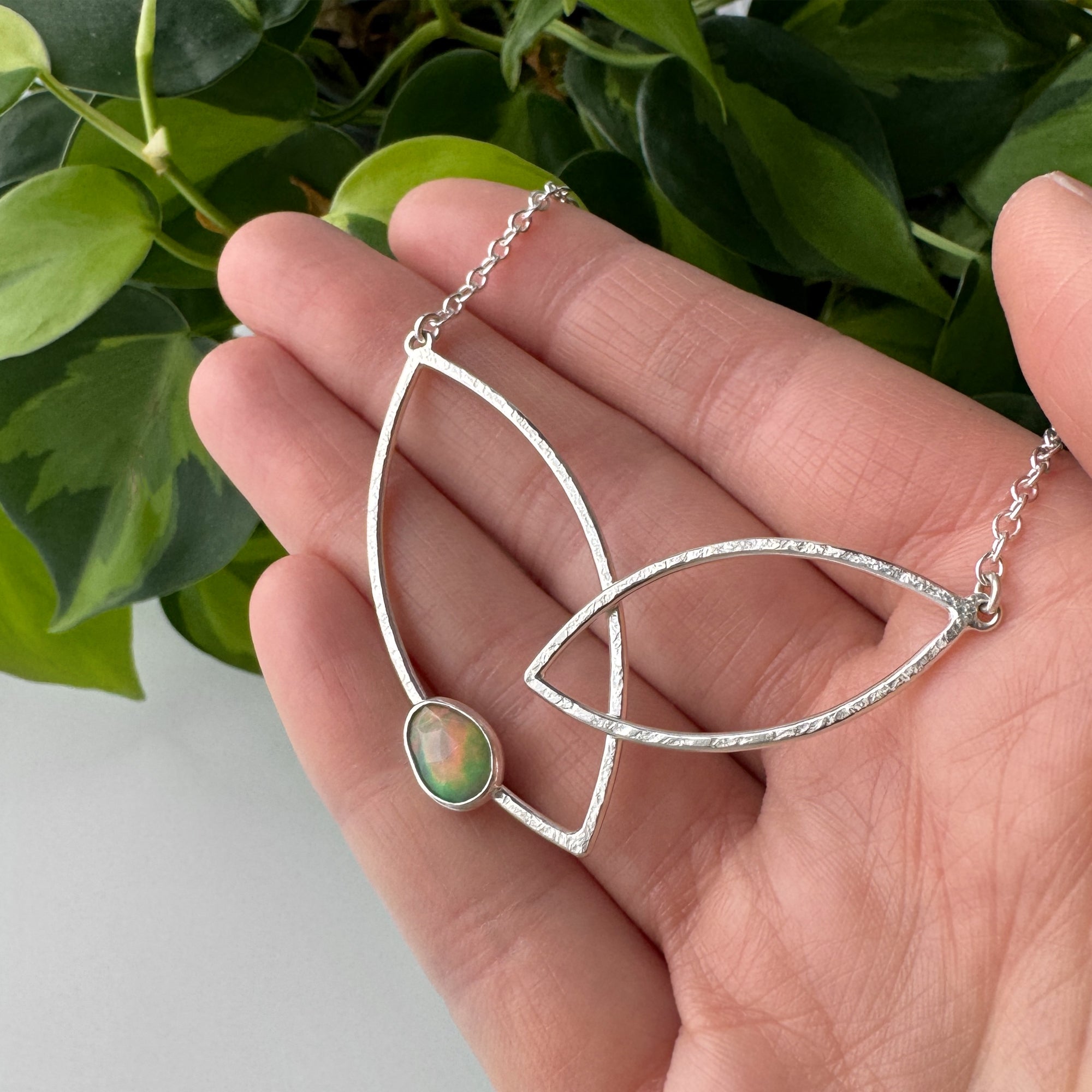 Double Leaf Gem Statement Necklace - Bright Sterling & Opal