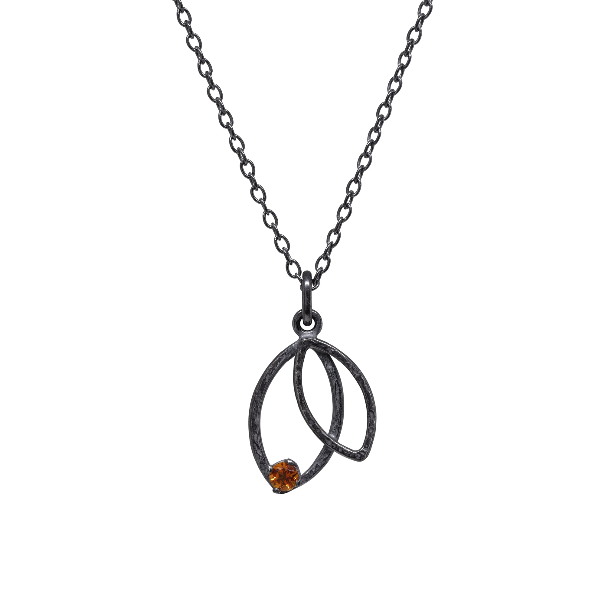 Double Leaf Gem Necklace - Fire Citrine & Dark Sterling