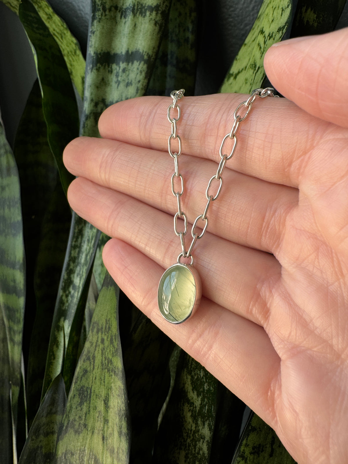 Balance Gem Necklace with Graduated Links - Prehnite - Bright Sterling