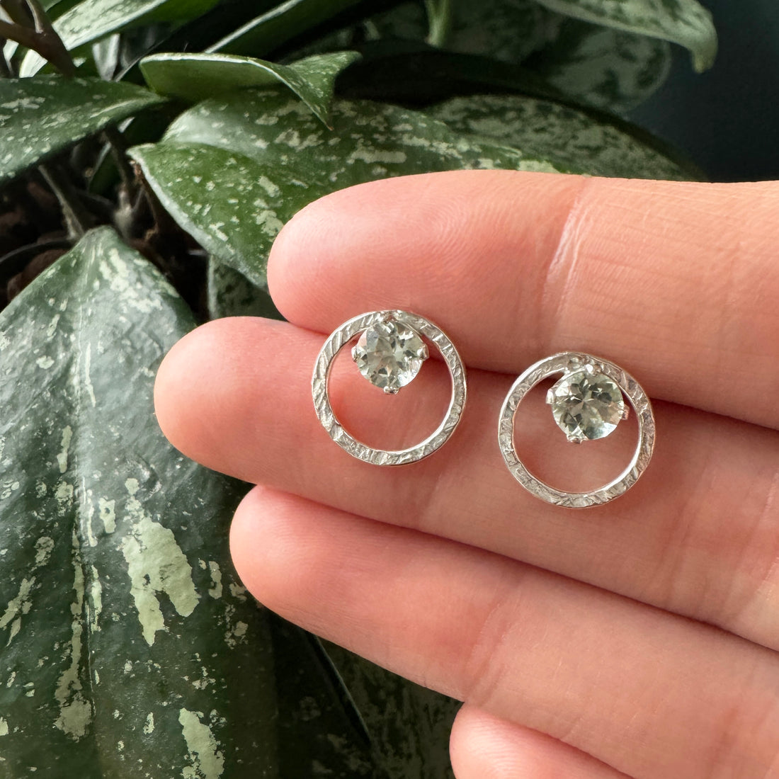 Terrain Gem Circle Studs - Light Green Quartz & Bright Sterling