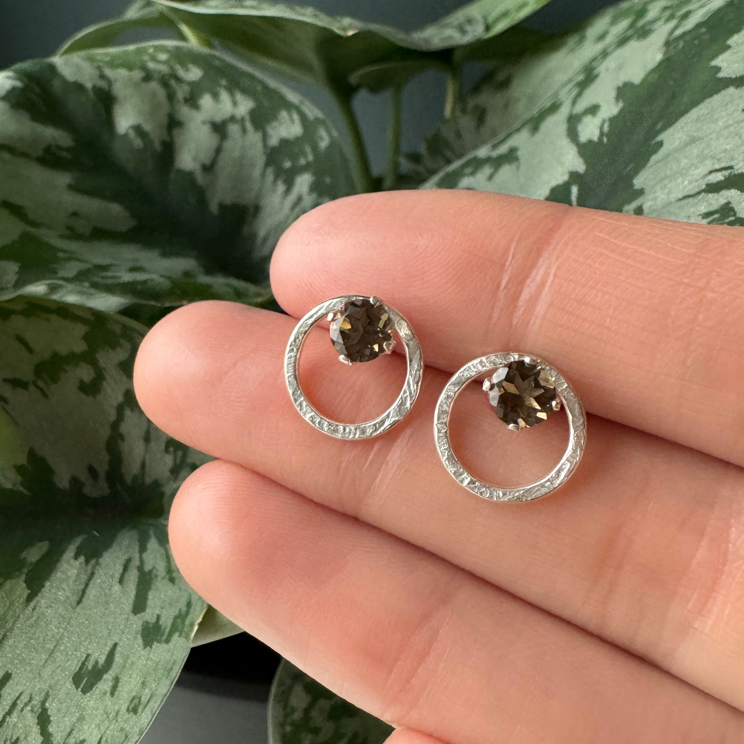 Terrain Gem Circle Studs - Smoky Quartz & Bright Sterling