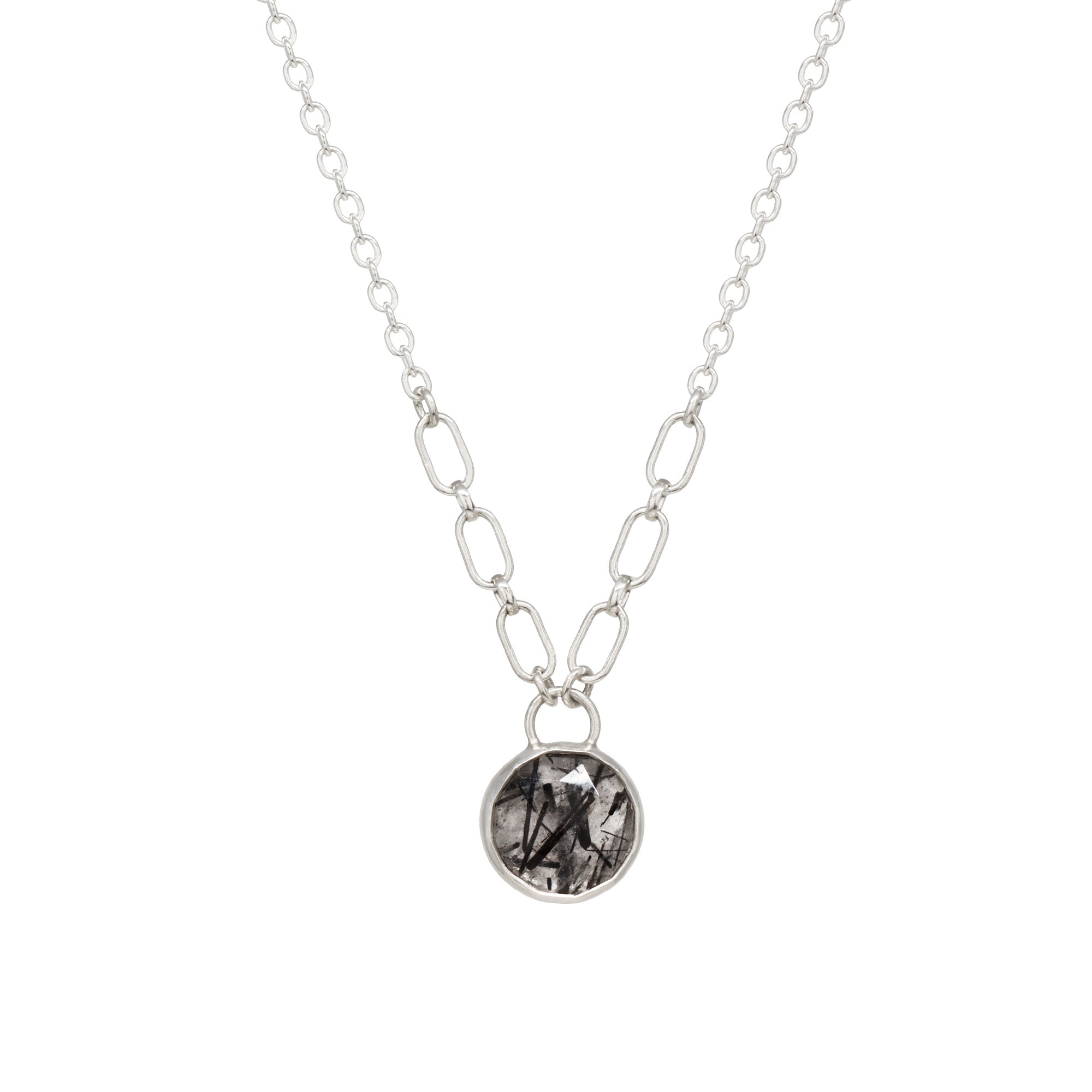 Balance Gem Necklace with Links - Rose Cut Round Tourmilinated Quartz - Bright Sterling