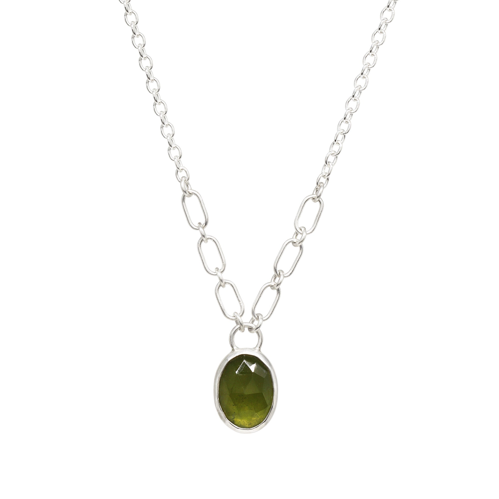 Balance Gem Necklace with Links - Rose Cut Vesuvianite - Bright Sterling