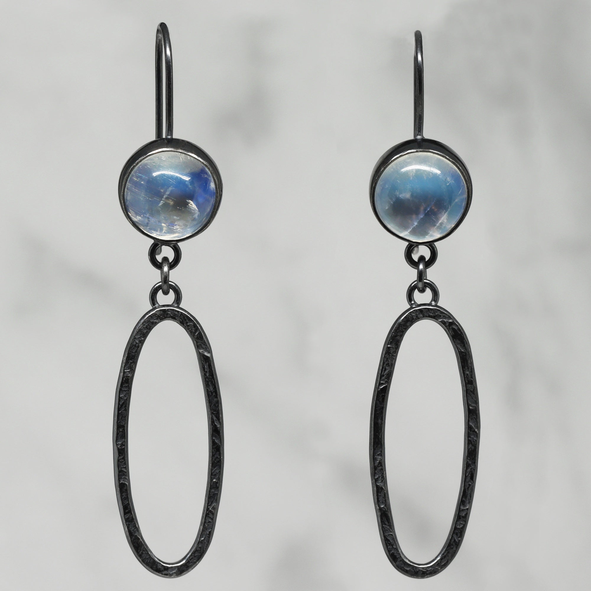 Aperture Earrings - Rainbow Moonstone - Dark Sterling