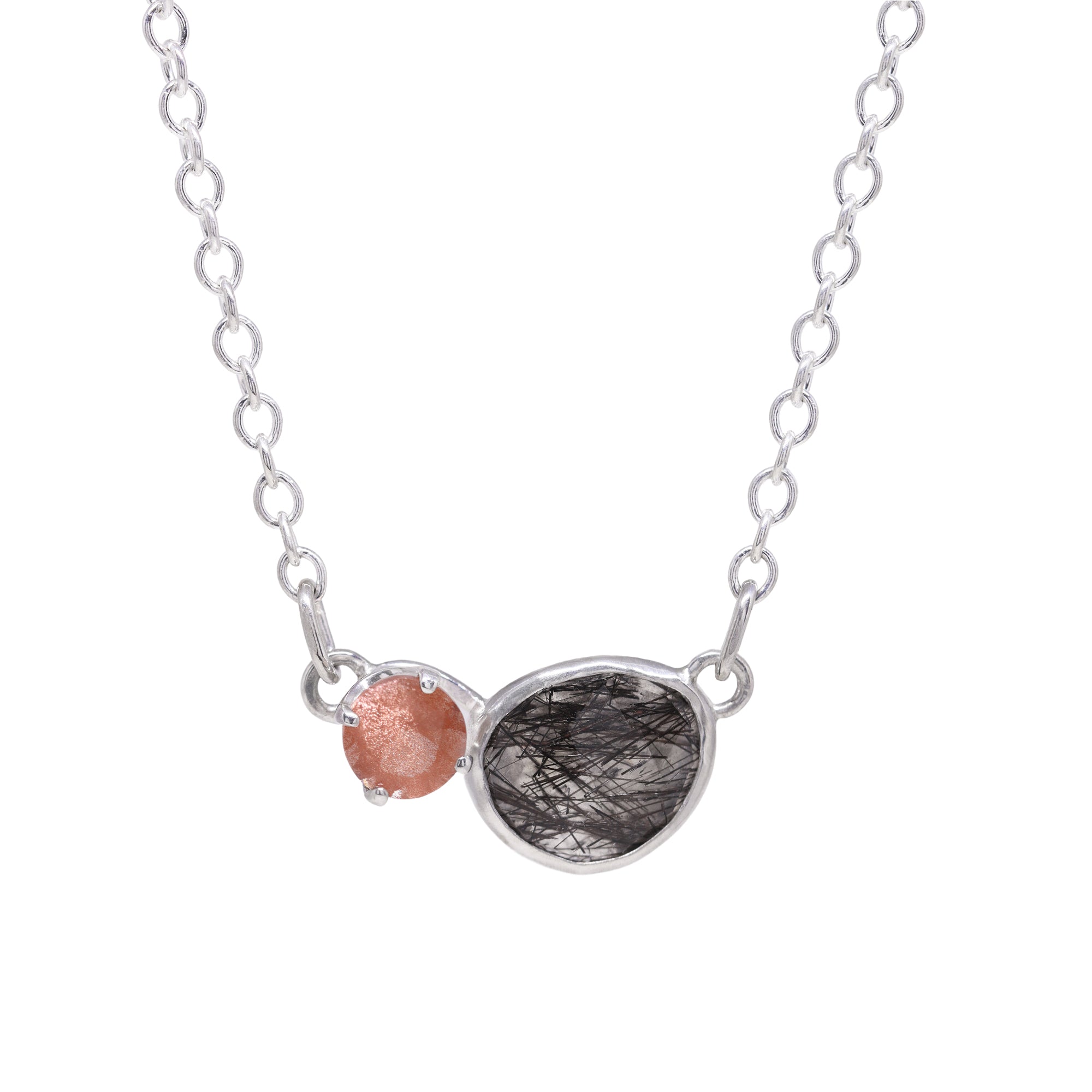 Balance Necklace - Tourmalinated Quartz and Sunstone - Bright Sterling