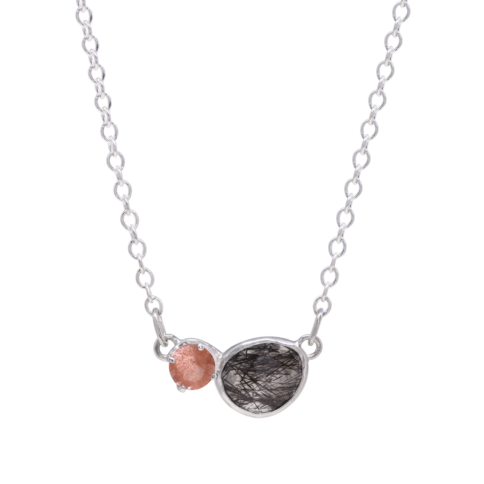 Balance Necklace - Tourmalinated Quartz and Sunstone - Bright Sterling