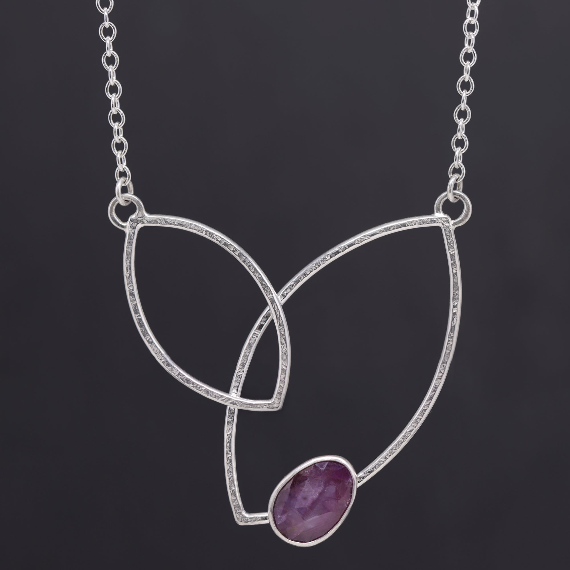 Double Leaf Necklace - Ruby - Bright Sterling