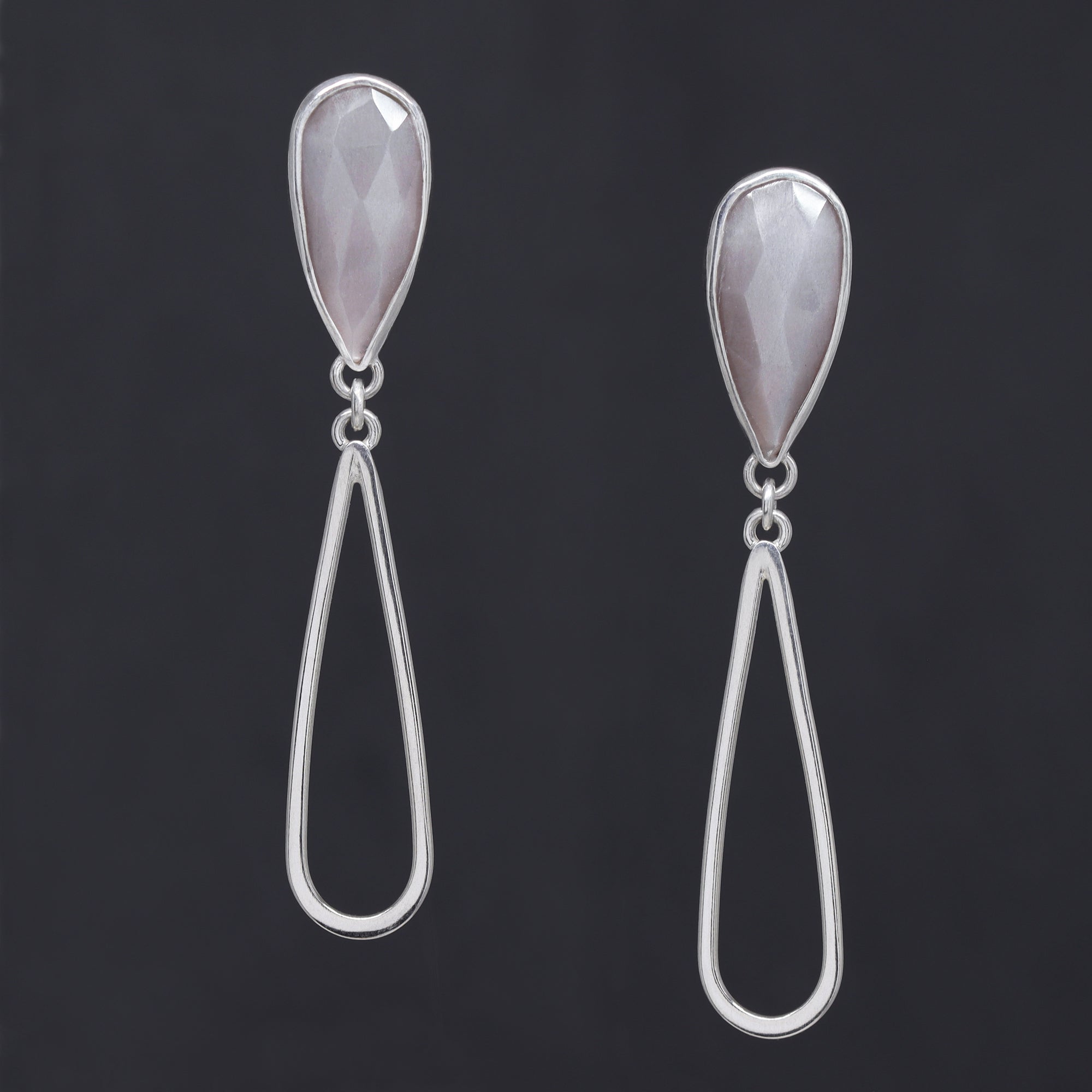 Teardrop Earrings - Grey Moonstone - Bright Sterling