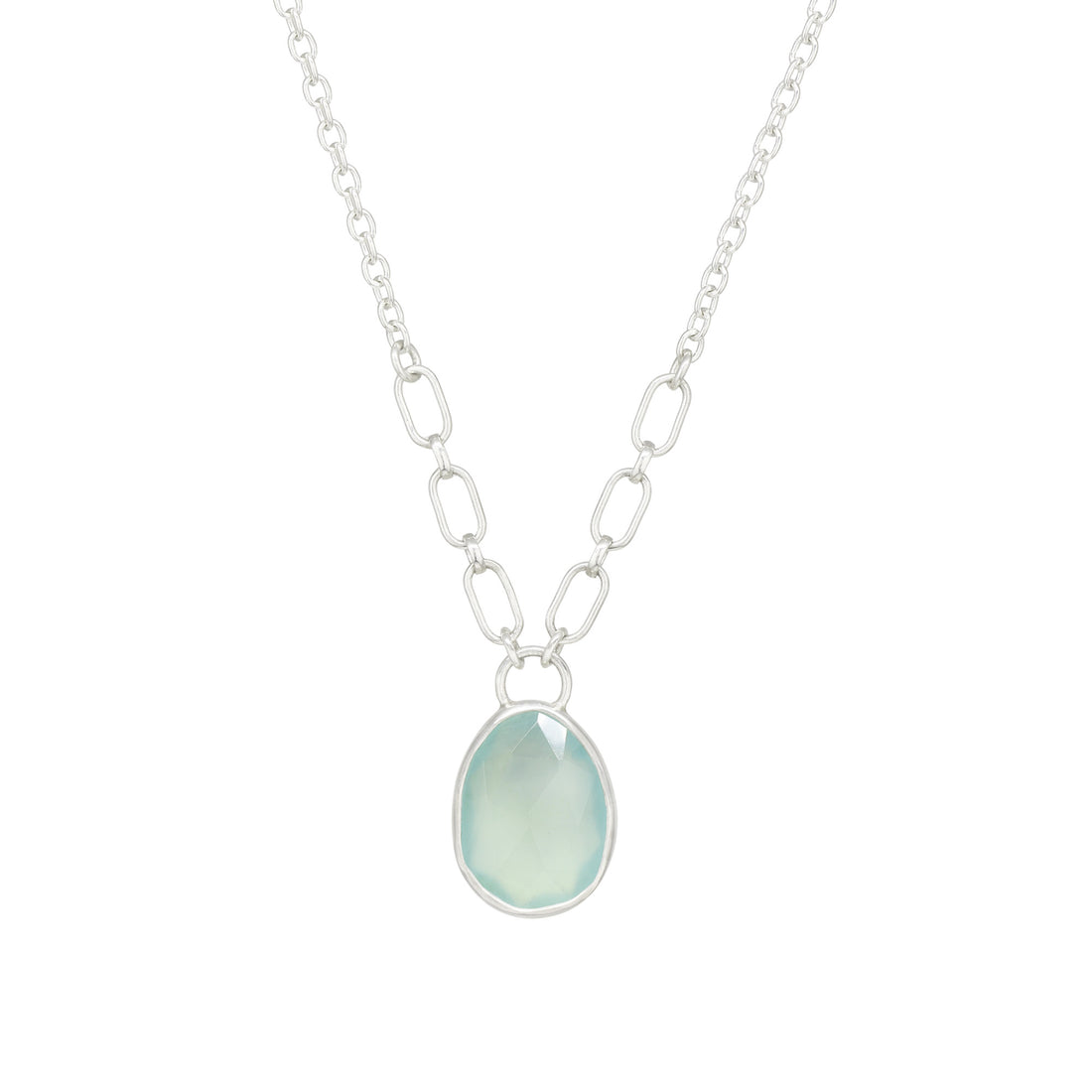 Balance Gem Necklace with Links - Rose Cut Aqua Chalcedony - Bright Sterling