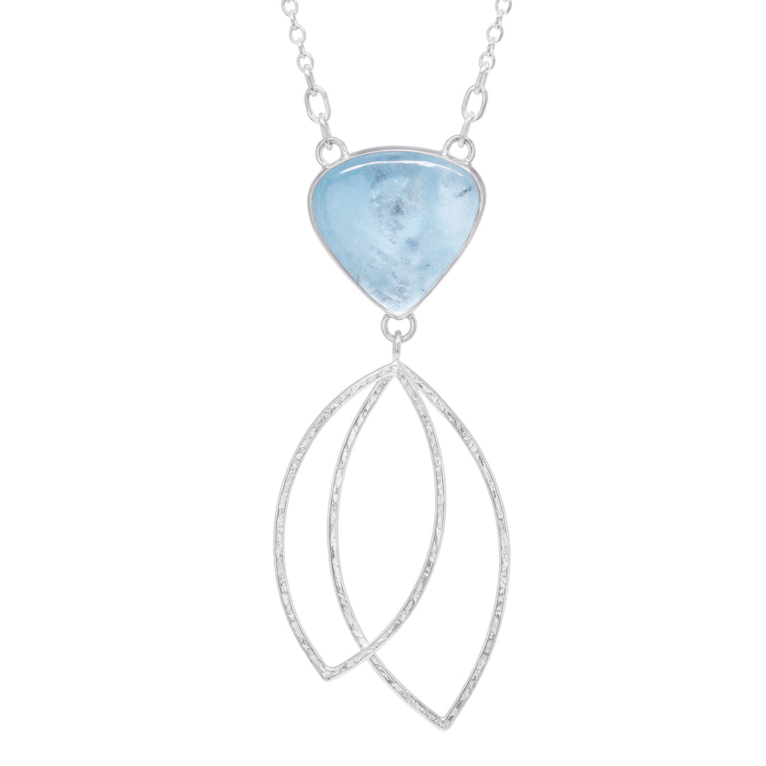 Double Leaf Pendant Necklace - Aquamarine Teardrop - Bright Sterling
