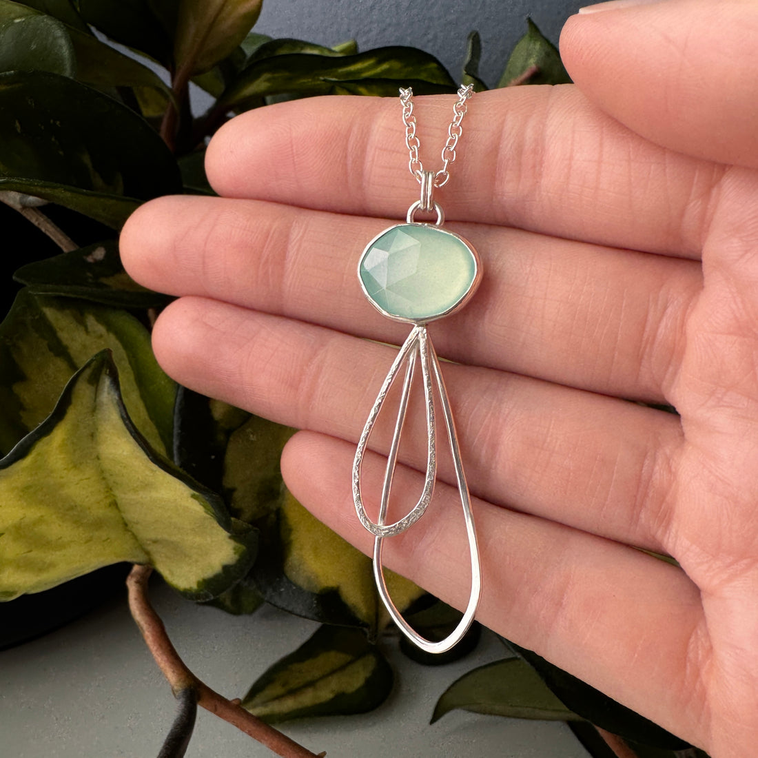 Double Petal Pendant Necklace - Chalcedony - Bright Sterling