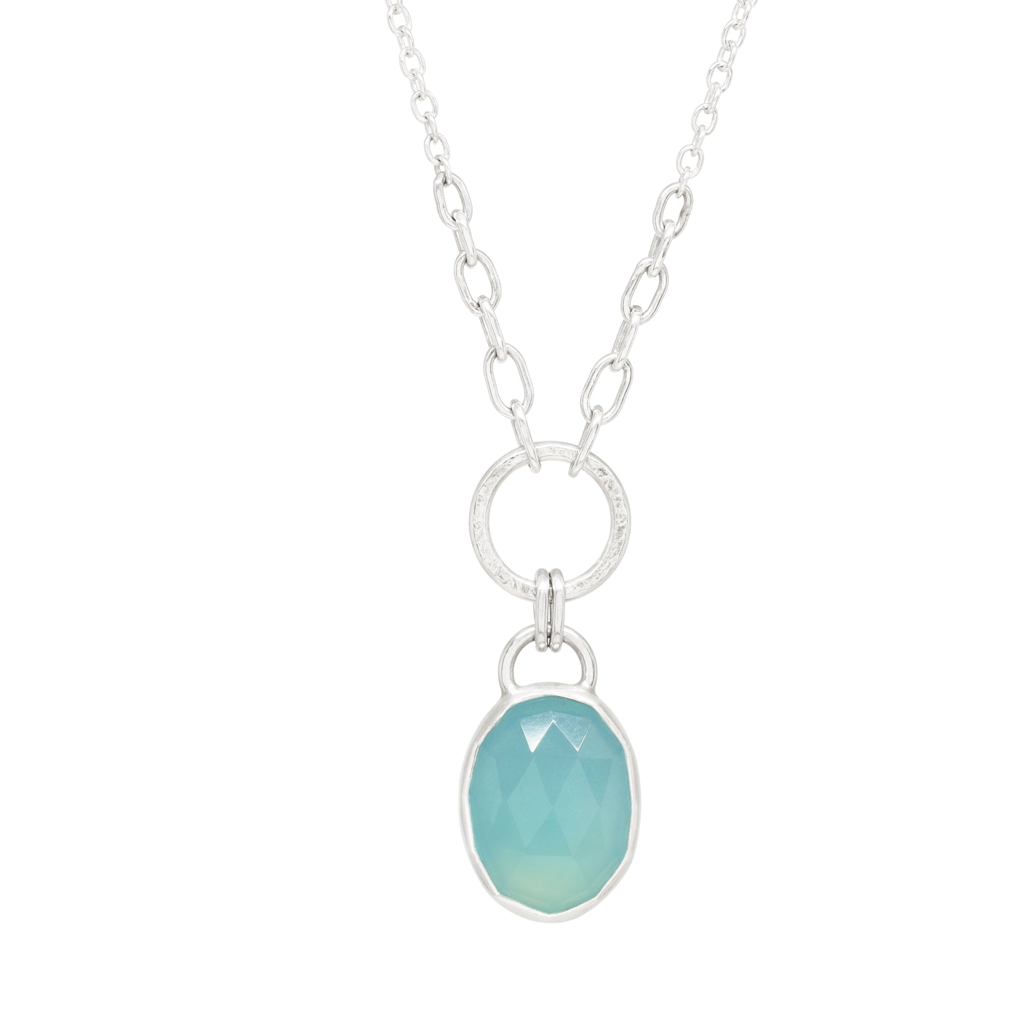 Balance Gem Necklace with Links - Rose Cut Oval Chalcedony - Bright Sterling