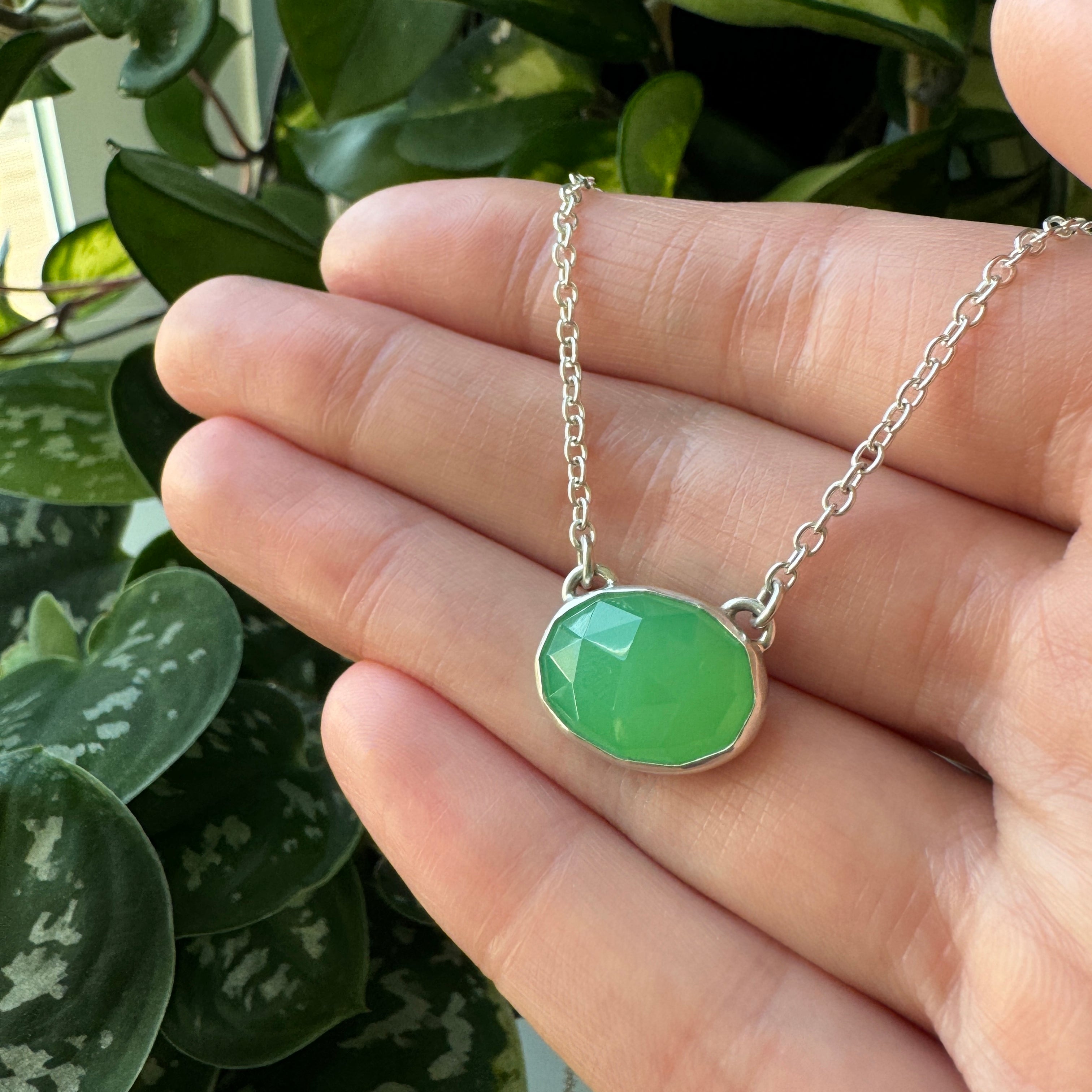 Balance Gem Necklace - Rose Cut Chrysoprase - Bright Sterling