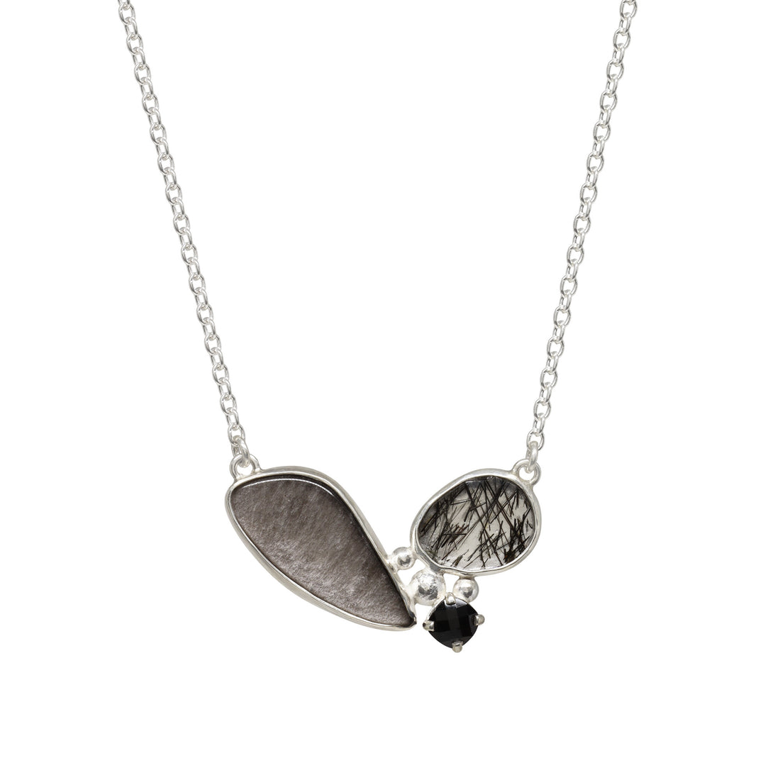 Balance Gem Trio Necklace - Black Spinel, Silversheen Obsidian &amp; Tourmilinated Quartz - Bright Sterling