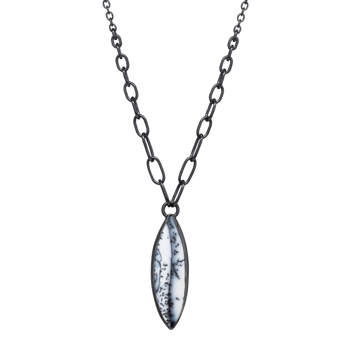 Balance Gem Necklace with Links - Marquise Dendritic Agate - Dark Sterling