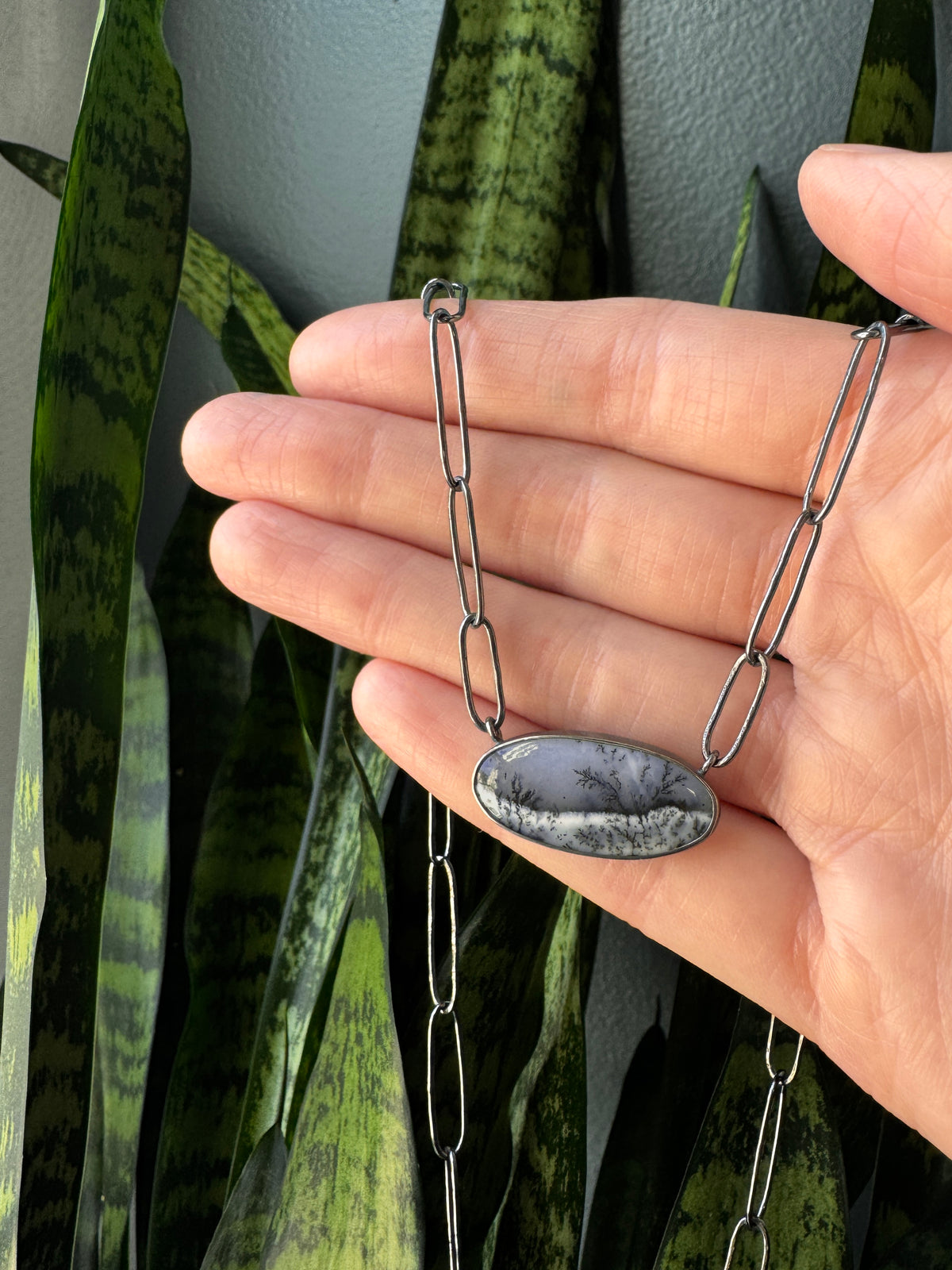 Balance Handmade Chain Necklace - Dendritic Opal - Dark Sterling