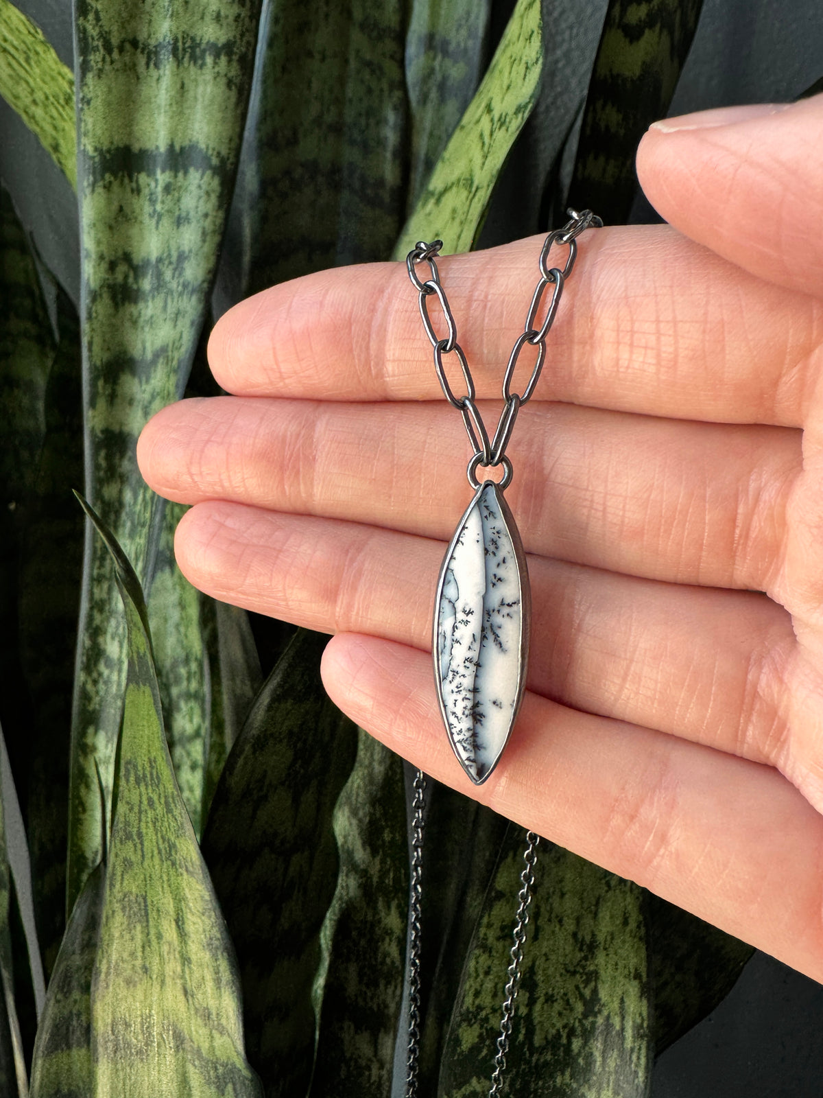 Balance Gem Necklace with Links - Marquise Dendritic Agate - Dark Sterling