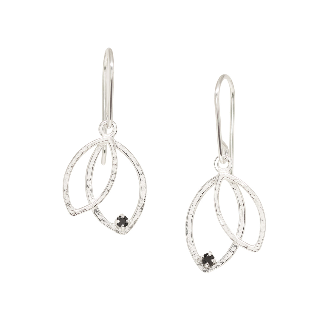 Double Leaf Gem Earrings - Black Spinel - Bright Sterling