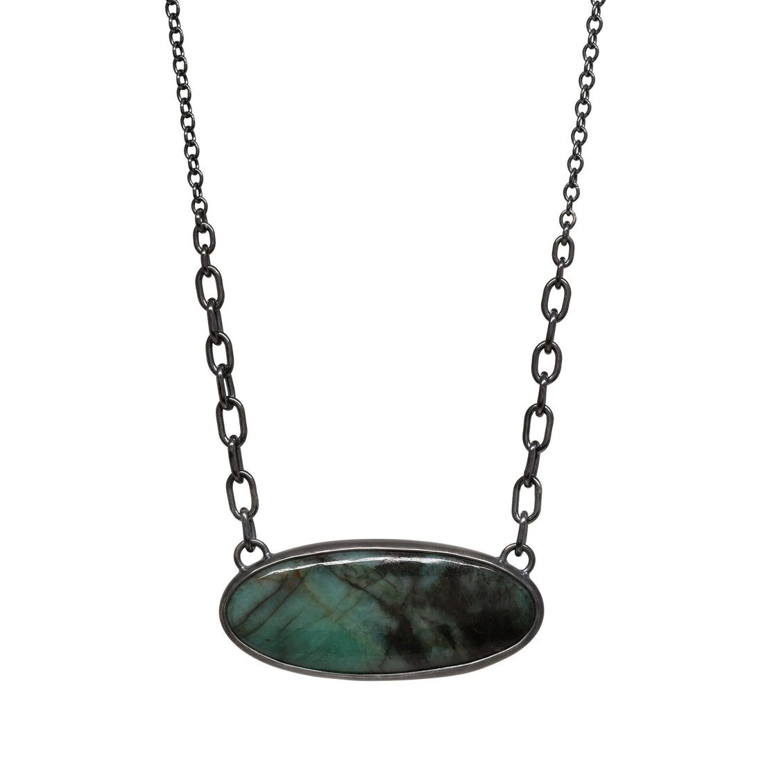 Balance Gem Necklace with Links - Emerald Ellipse Cabochon - Dark Sterling