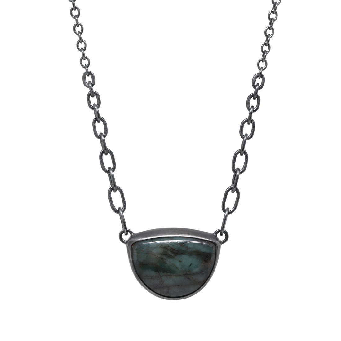 Balance Gem Necklace with Links - Half Moon Emerald - Dark Sterling