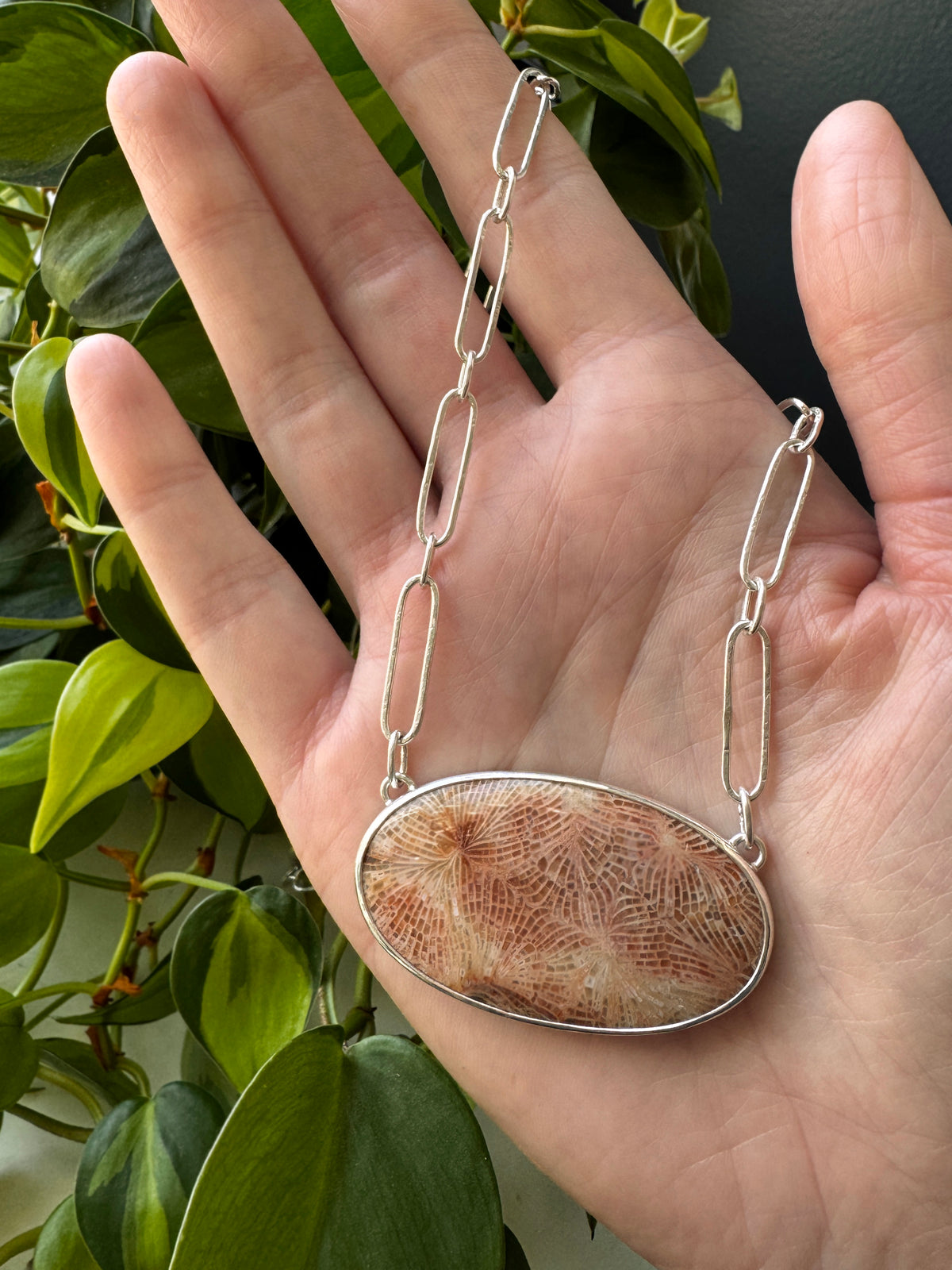 Balance Statement Link Necklace - Large Oval Fossilized Coral - Bright Sterling