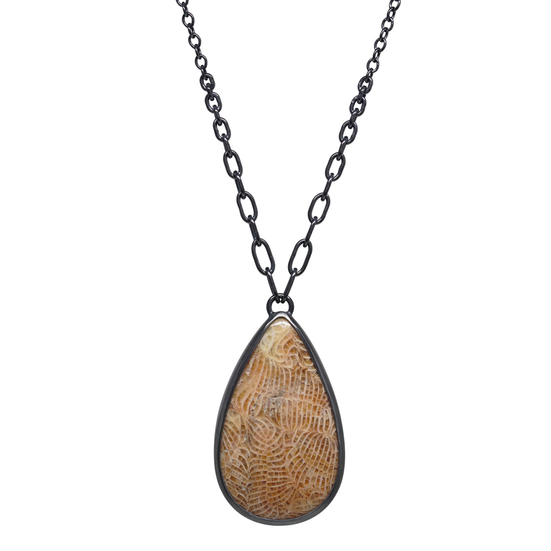 Balance Statement Necklace - Teardrop Fossilized Coral - Dark Sterling