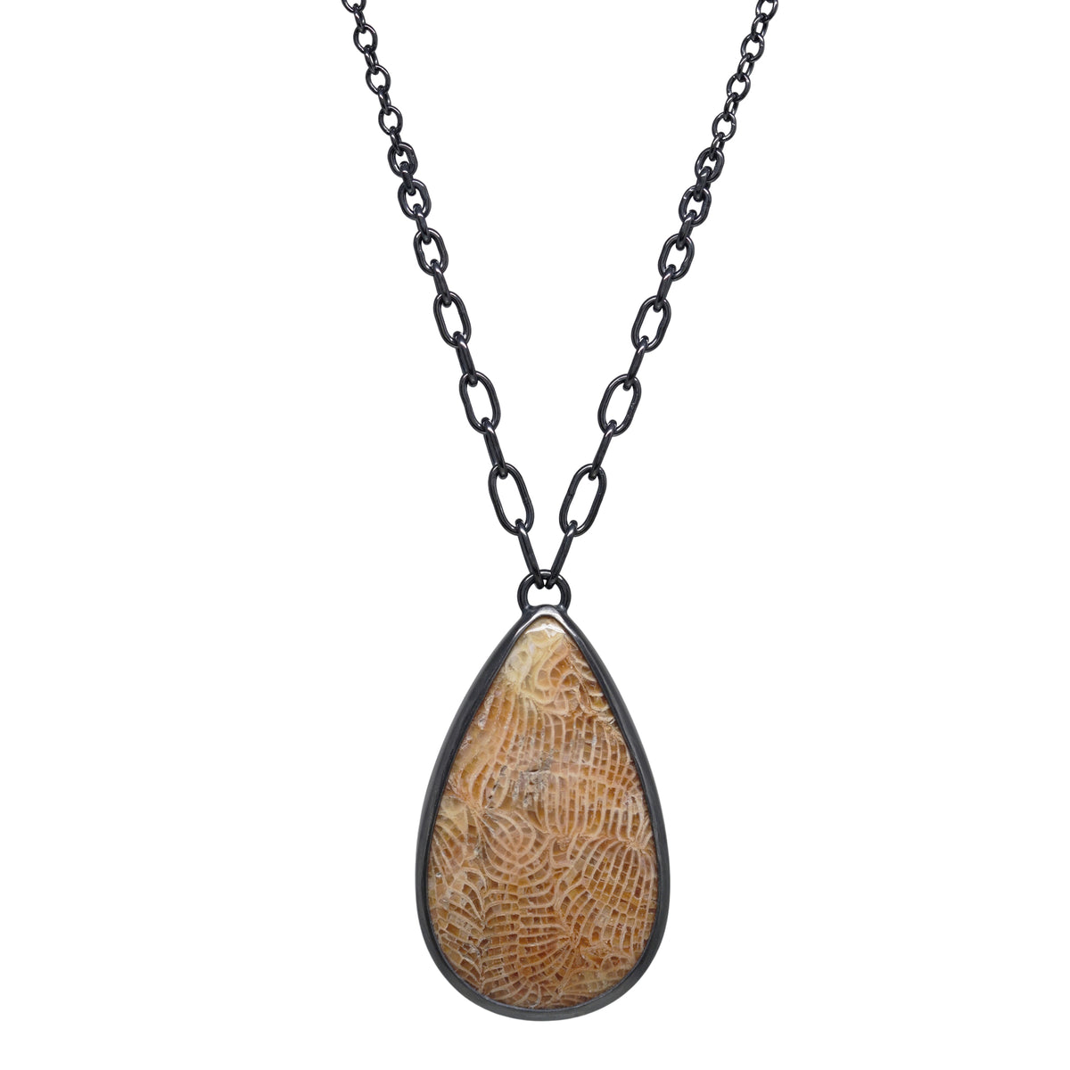 Balance Statement Necklace - Teardrop Fossilized Coral - Dark Sterling