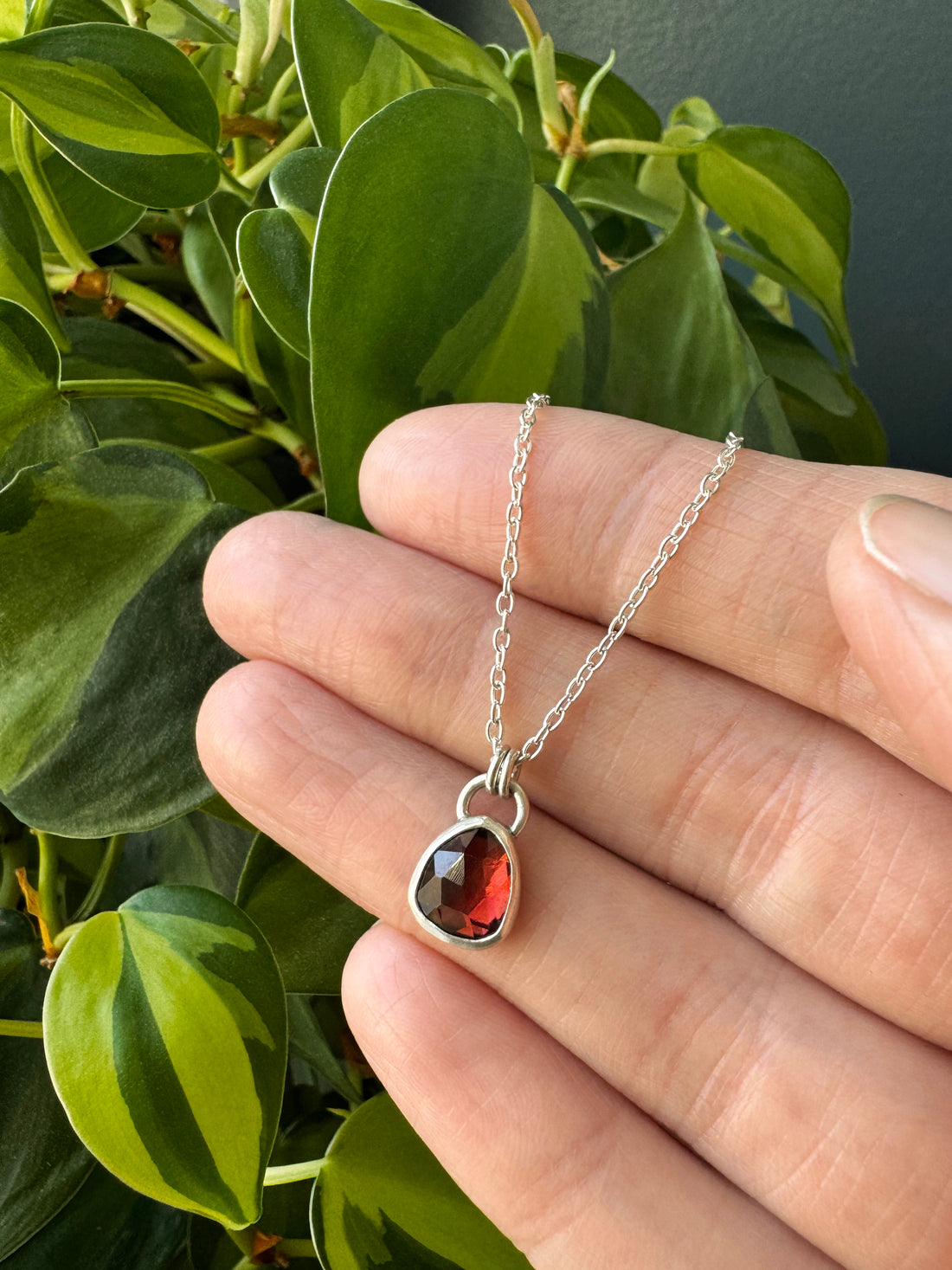 Balance Gem Necklace - Rose Cut Hessonite Garnet I - Bright Sterling
