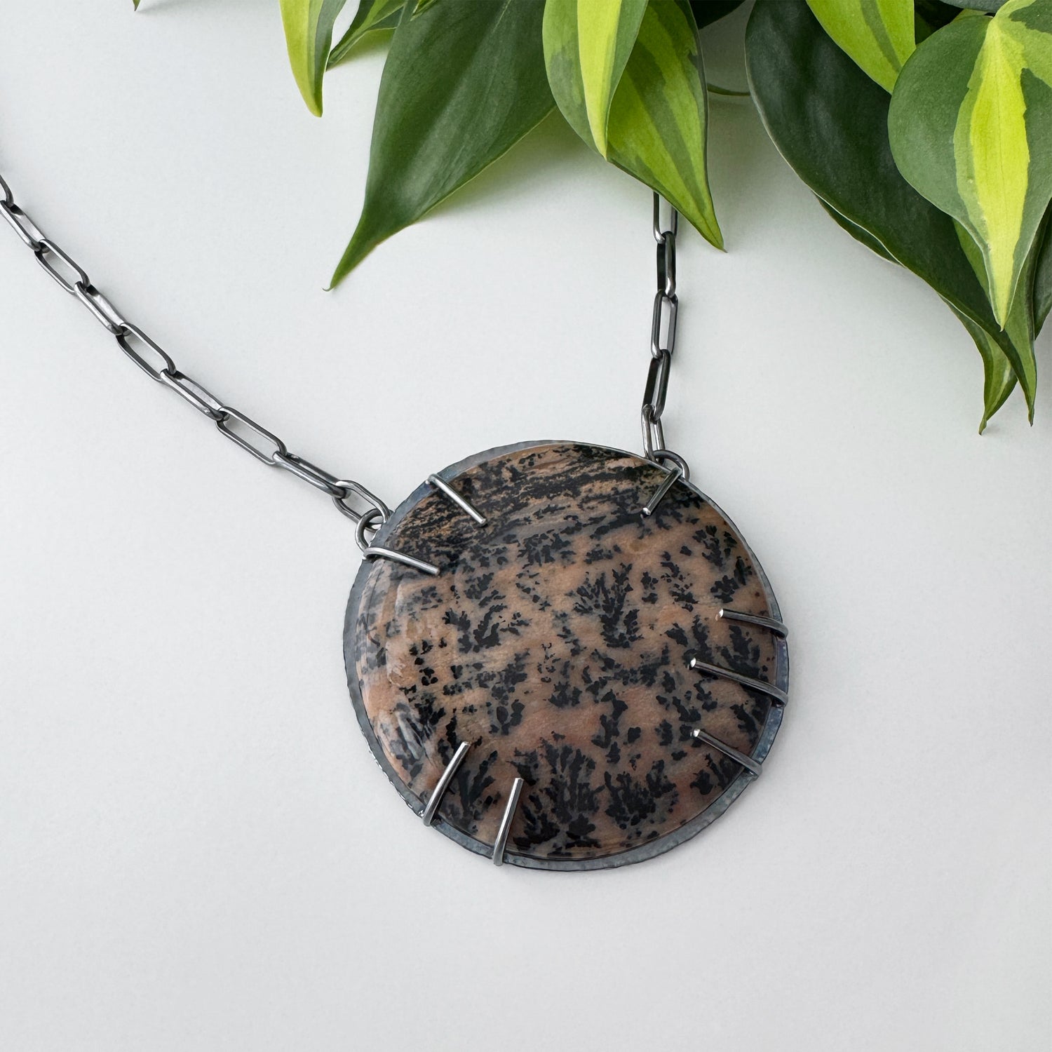 One of a Kind Balance Statement Necklace - Honey Dendritic Agate - Dark Sterling