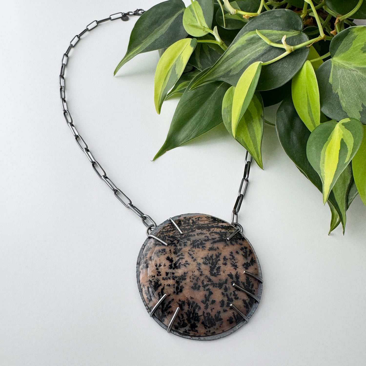 One of a Kind Balance Statement Necklace - Honey Dendritic Agate - Dark Sterling